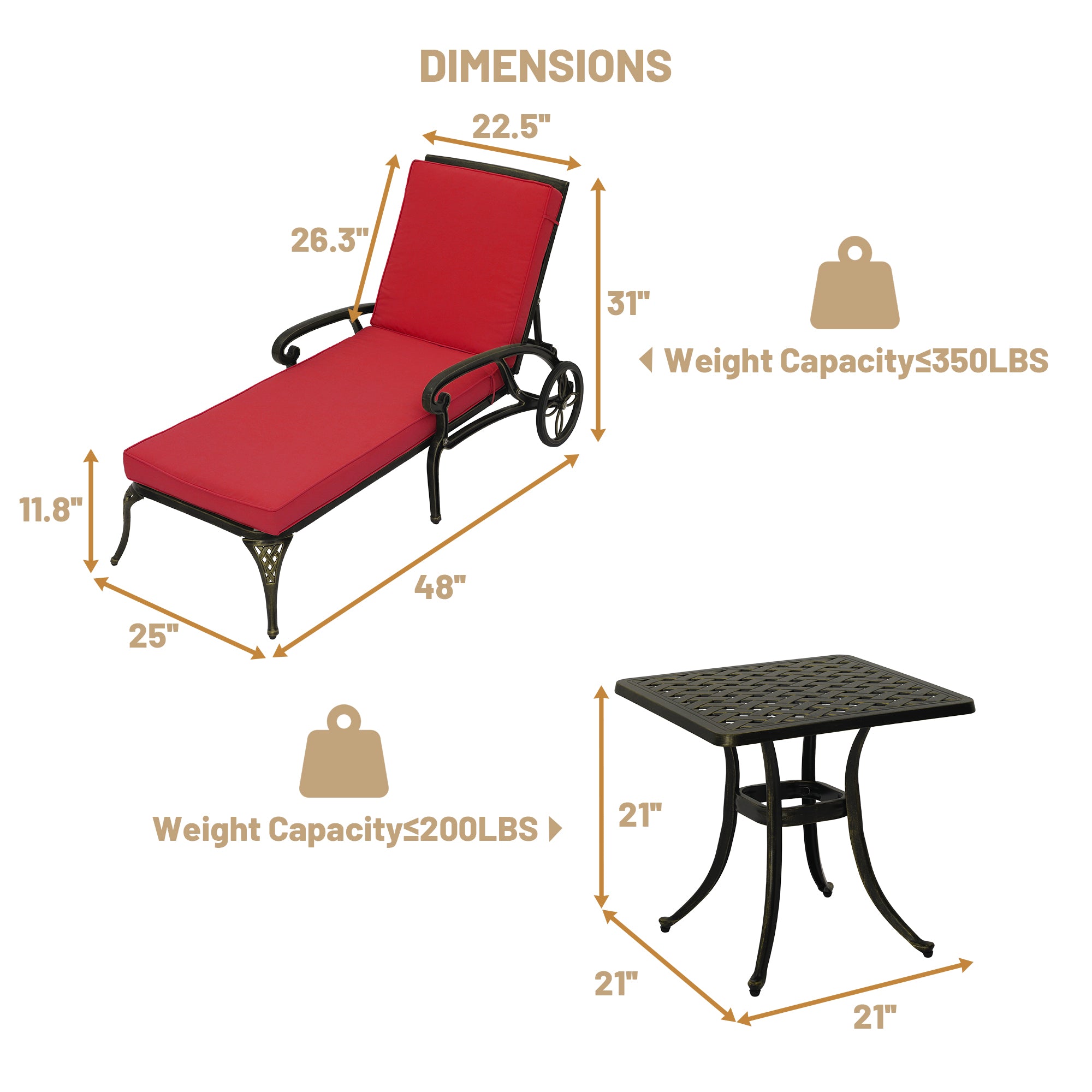 Cast Aluminum Outdoor Chaise Lounge with Removable Beige/Red Cushion