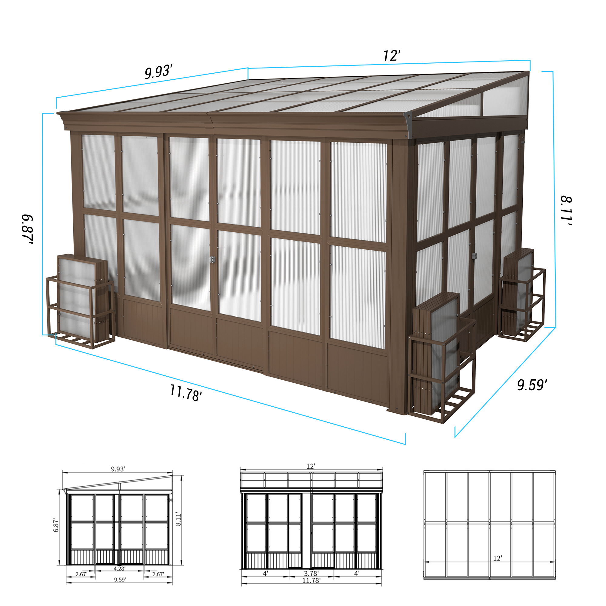 Lean-to Sunroom 10x12FT, Wall Mounted Solarium with Sloping Polycarbonate Roof, Detachable Polycarbonate Screens, 2 Lockable Sliding Doors, Aluminum Gazebo Against Wall Sun Room for Patio Deck