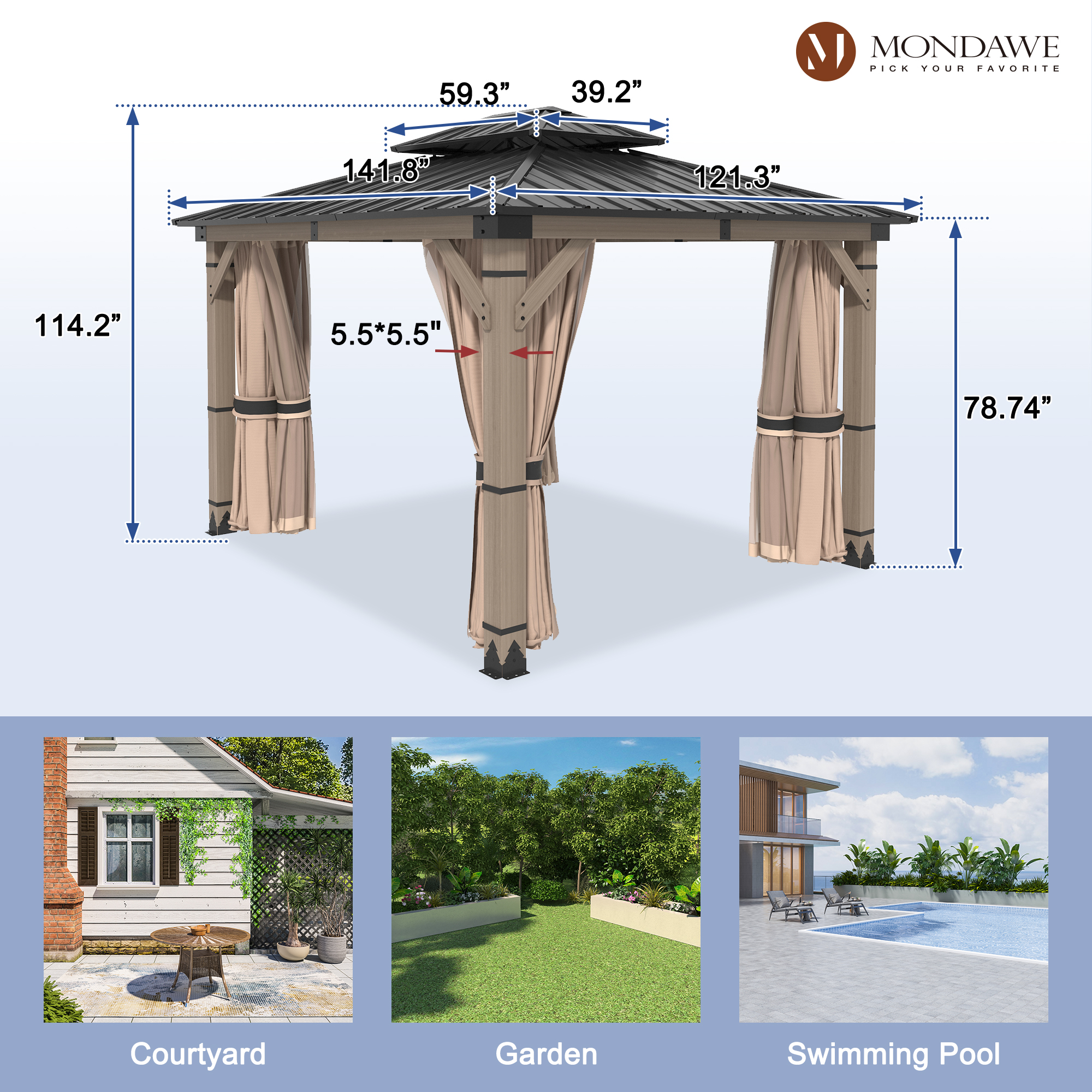 10 ft. x 12 ft. Outdoor Cedar Wood Frame Patio Gazebo Canopy