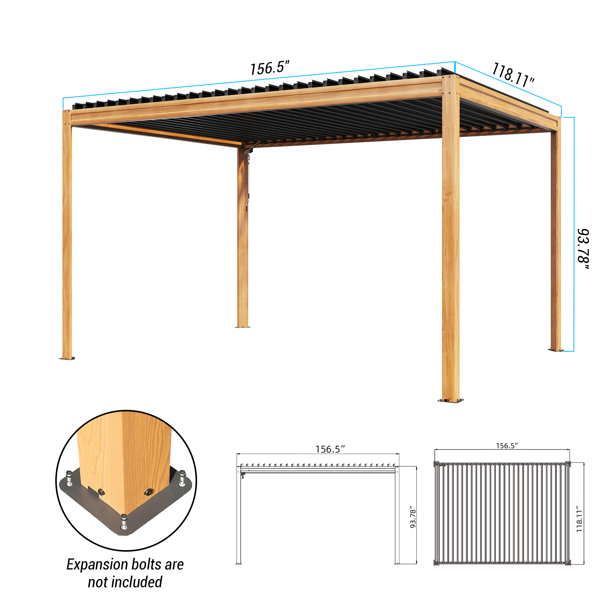 Louvered Pergola, Wood Grain Aluminum Pergola with Adjustable Roof, Wood Looking Aluminum Frame, Efficient Drainage System, Outdoor Pergola for Patio, Deck, Garden