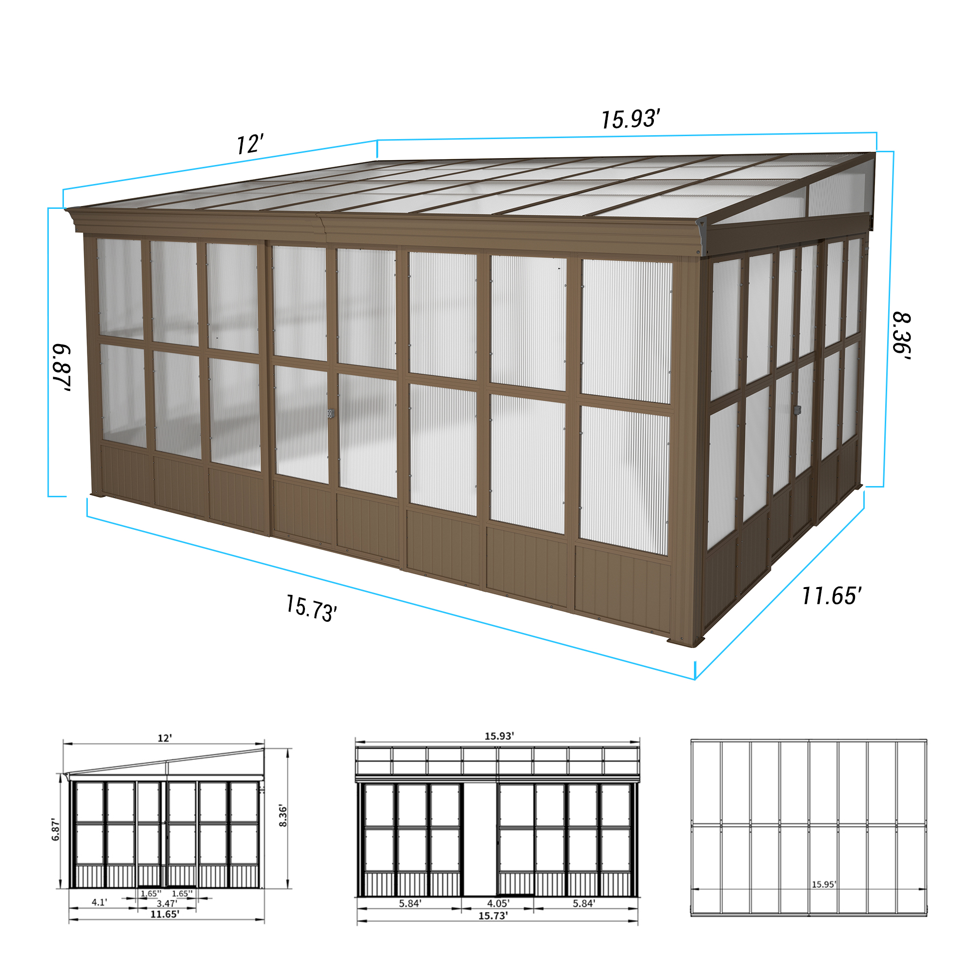 Wall Mounted Solarium with Sloping Polycarbonate Roof, Detachable Polycarbonate Screens, 2 Lockable Sliding Doors, Aluminum Gazebo Against Wall Sun Room for Patio Deck