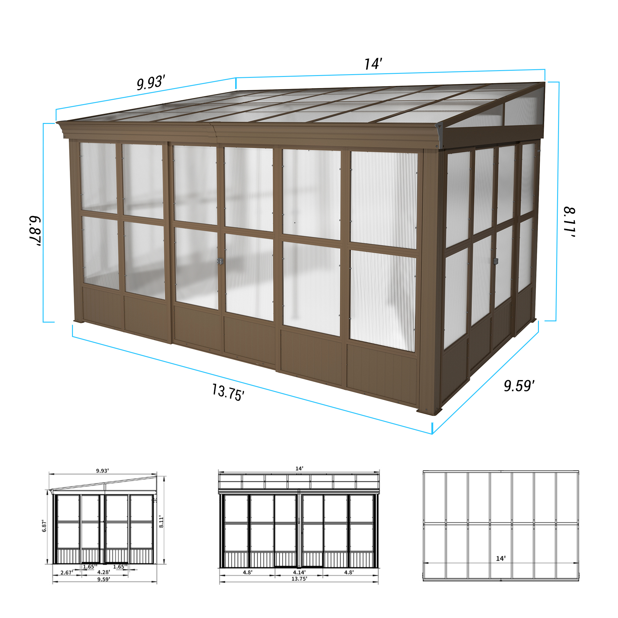 Wall Mounted Solarium with Sloping Polycarbonate Roof, Detachable Polycarbonate Screens, 2 Lockable Sliding Doors, Aluminum Gazebo Against Wall Sun Room for Patio Deck