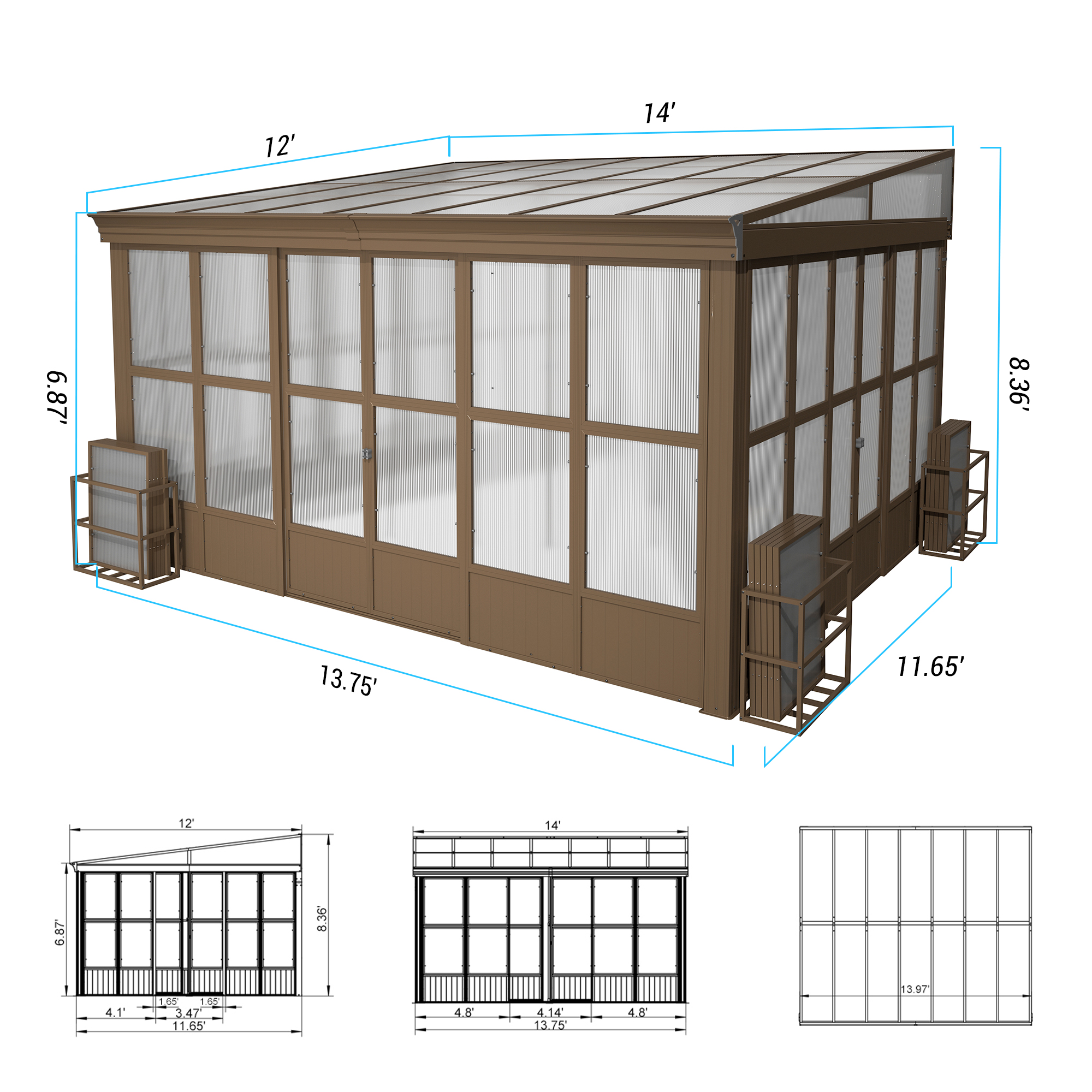 Wall Mounted Solarium with Sloping Polycarbonate Roof, Detachable Polycarbonate Screens, 2 Lockable Sliding Doors, Aluminum Gazebo Against Wall Sun Room for Patio Deck