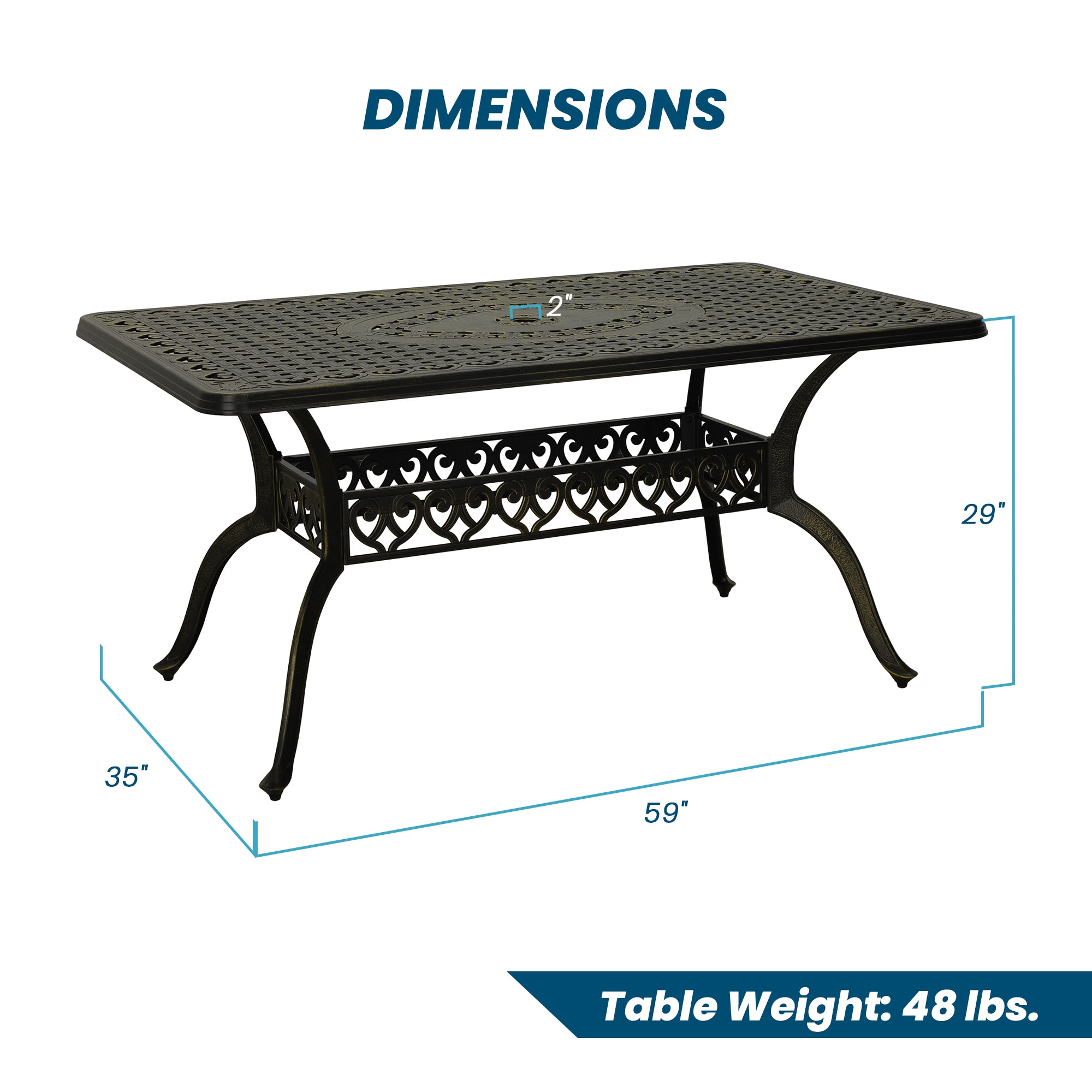 59. in Cast Aluminum Patio Rectangular Hollow-Carved Dining Table with Umbrella Hole