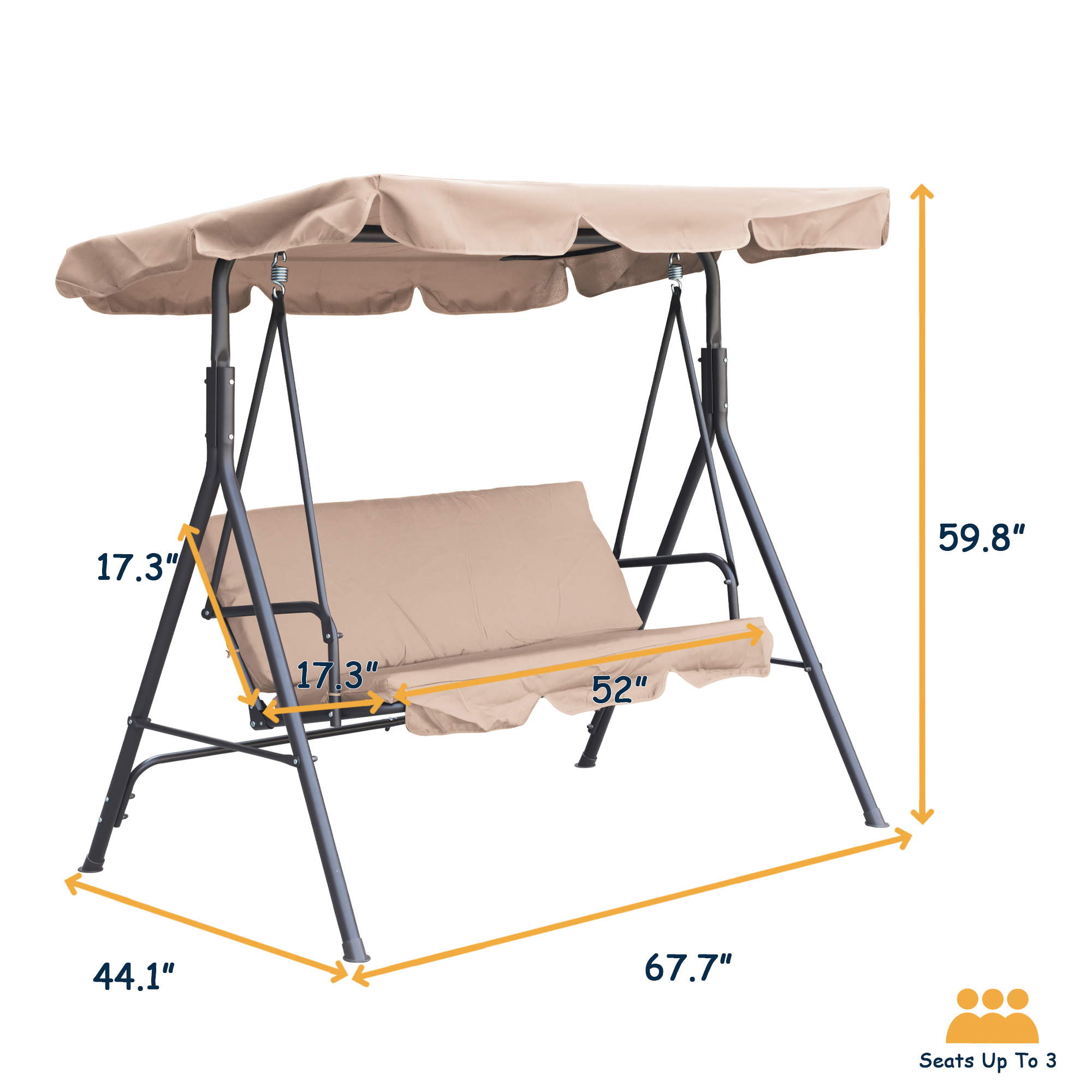 3-Person Steel Frame Outdoor Patio Porch Swing Chair with Adjustable Canopy