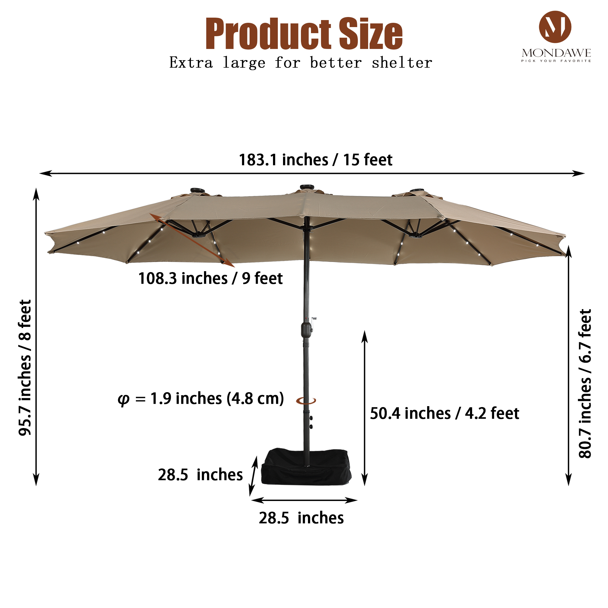 Mondawe 15ft Rectangular Patio Umbrella with Base and LED Lights-Mondawe