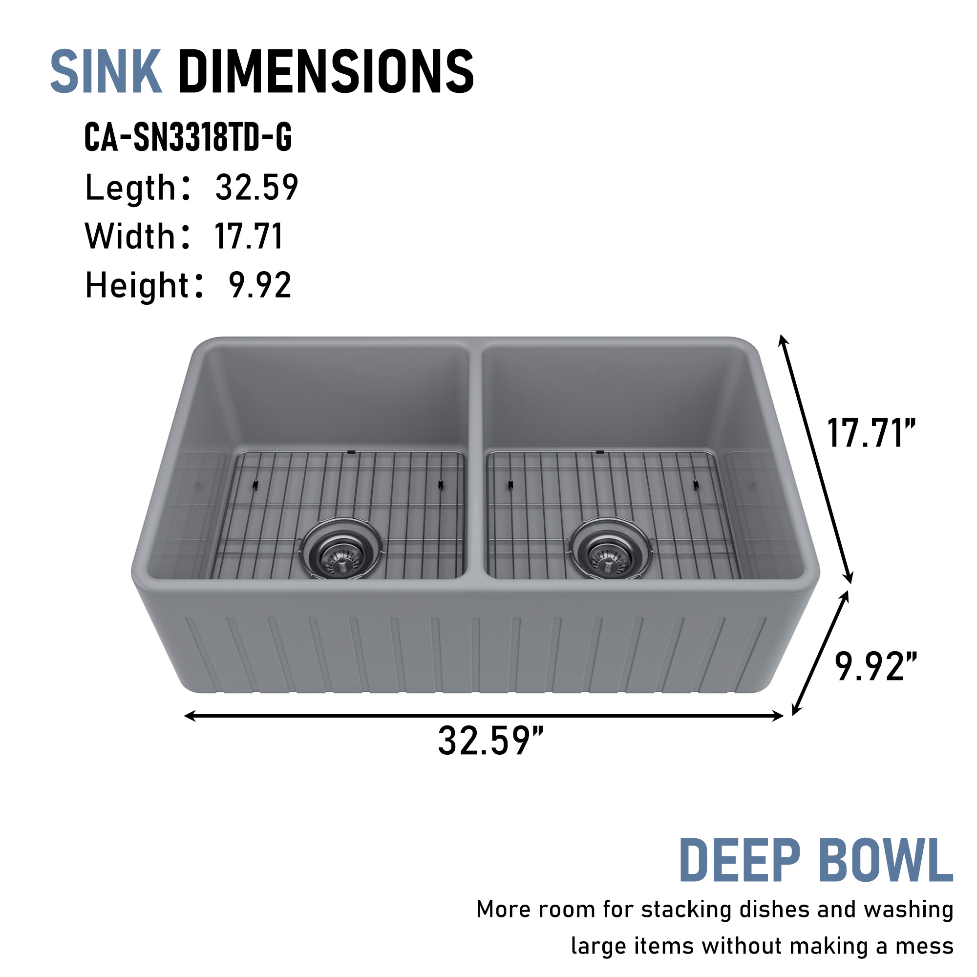 Boyel Living 33 in. Farmhouse/Apron-Front Double Bowl Matte Gray Fine Fireclay Kitchen Sink with Bottom Grid and Strainer Basket
