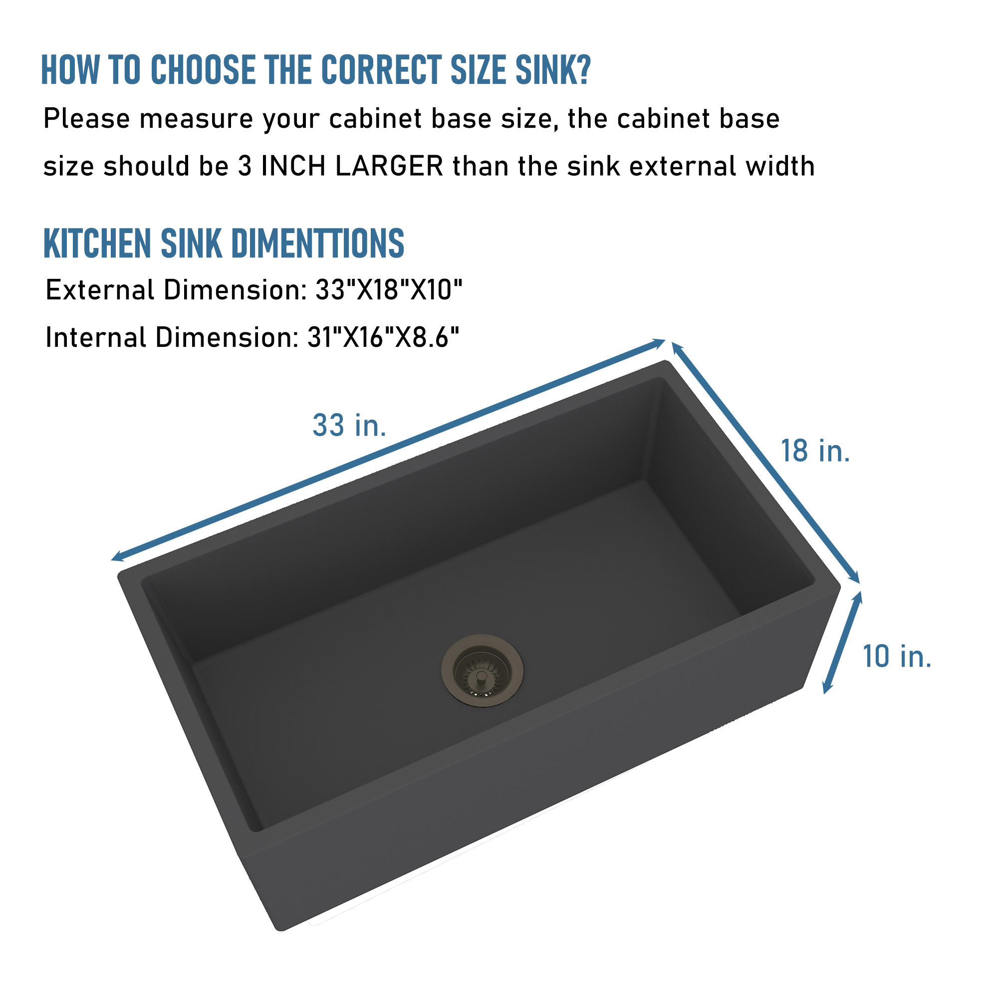 Boyel Living 33 in. Farmhouse/Apron-Front Single Bowl Black Earth S4 Concrete Kitchen Sink with Bottom Grid and Strainer Basket