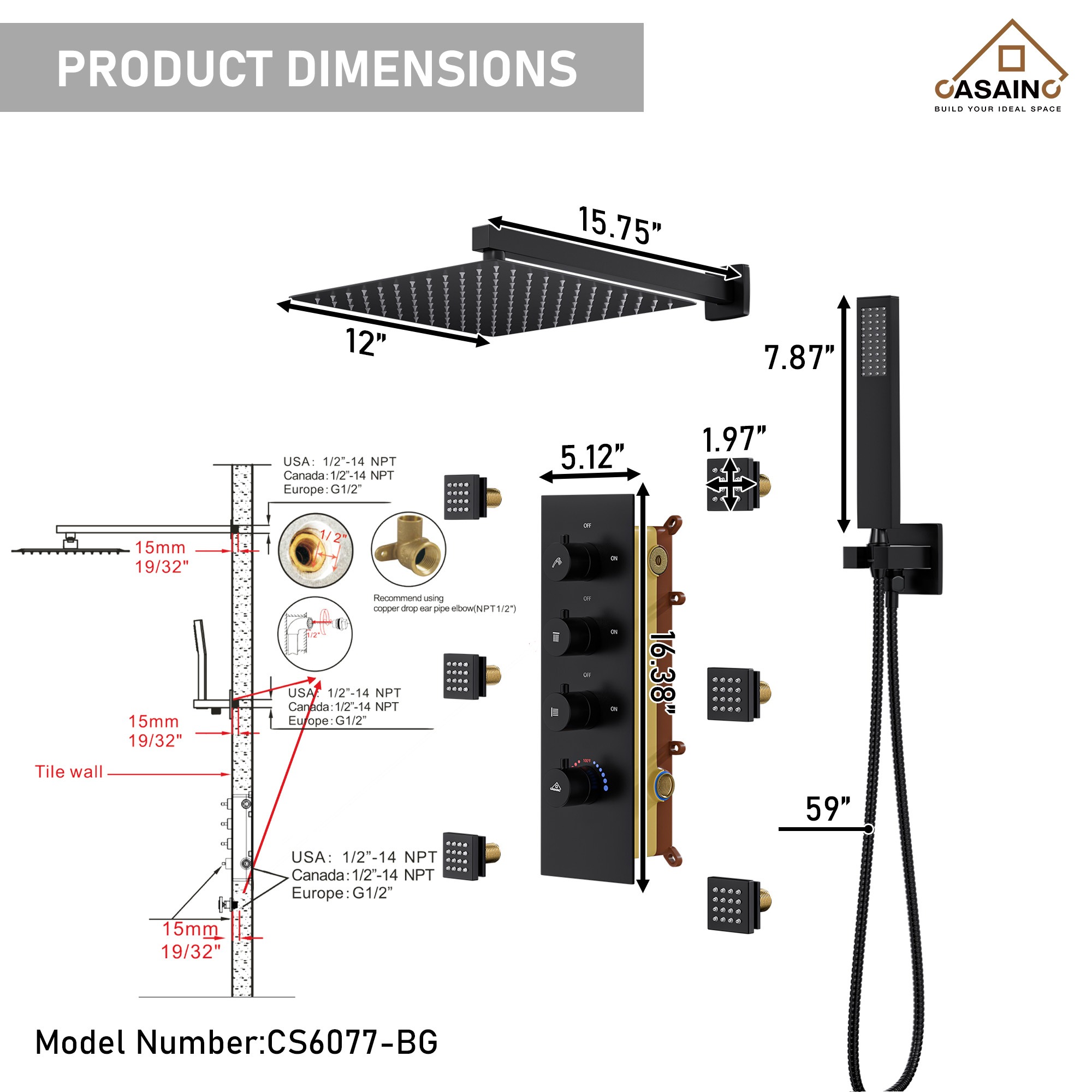 6-Spray Pattern 12 in. Wall Mounted Rainfall Shower Faucet and Dual Shower Heads System With 6 Body Jets In Brushed Gold/Brushed Nickel/Matte Black