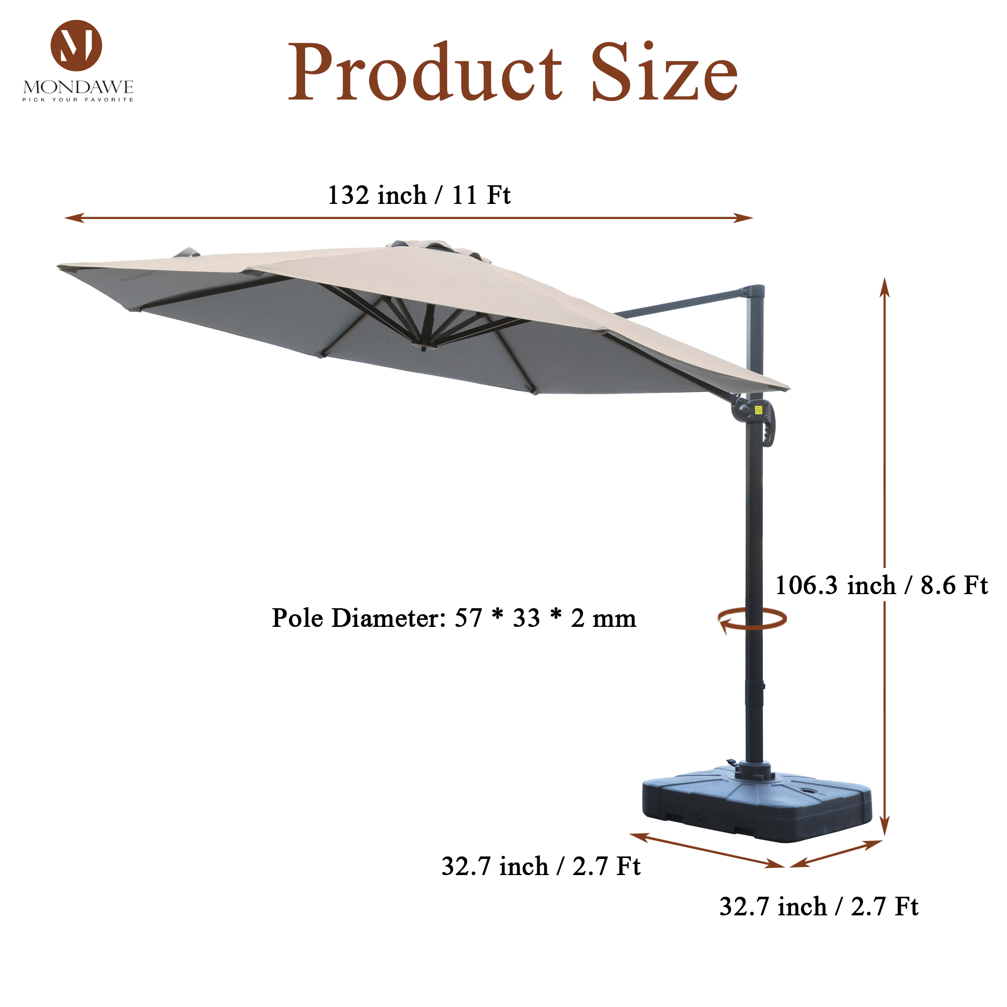 Mondawe 11 ft. Outdoor 360° Rotation Patio Cantilever Umbrella with Base for Garden Balcony-Mondawe