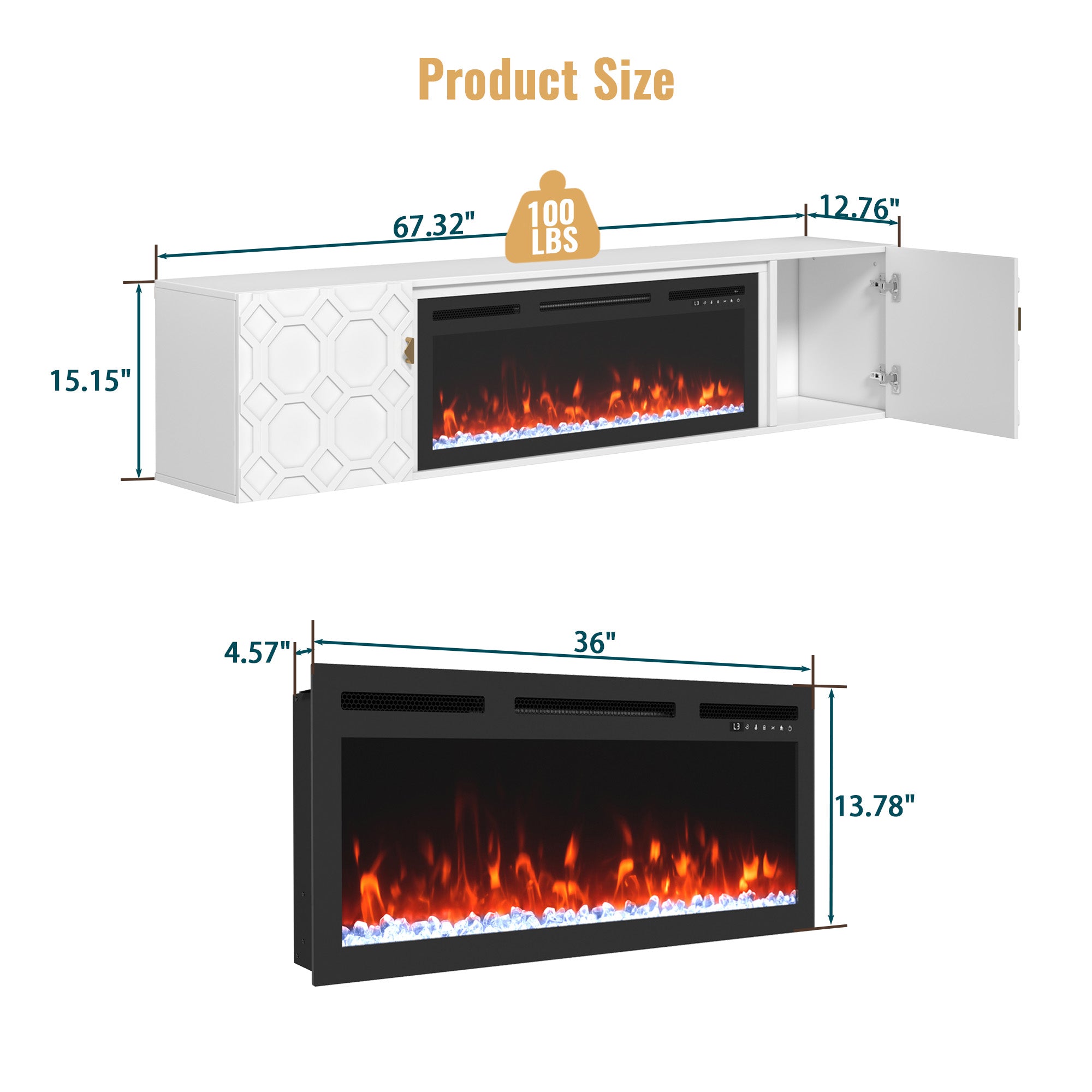67.32-in W White Fan-forced Electric Fireplace , 5 levels of brightness adjustment, 14 charcoal bed effects