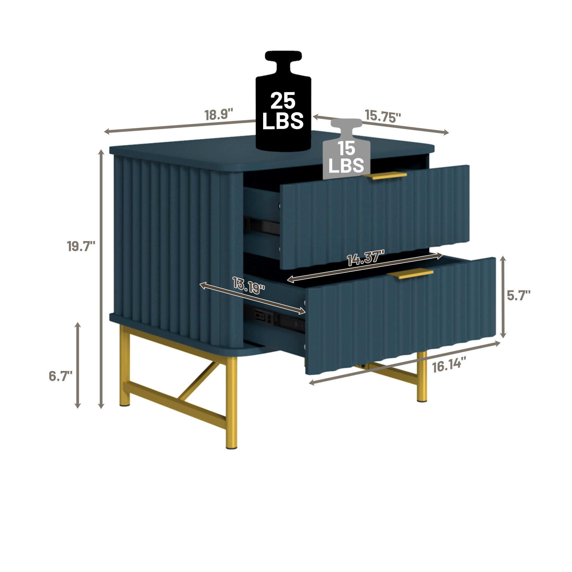 19 Inch Nightstand，Modern End Table with 2 Drawers，2 Tier Side Table with Gold Legs for Bedroom, Living Room, Black