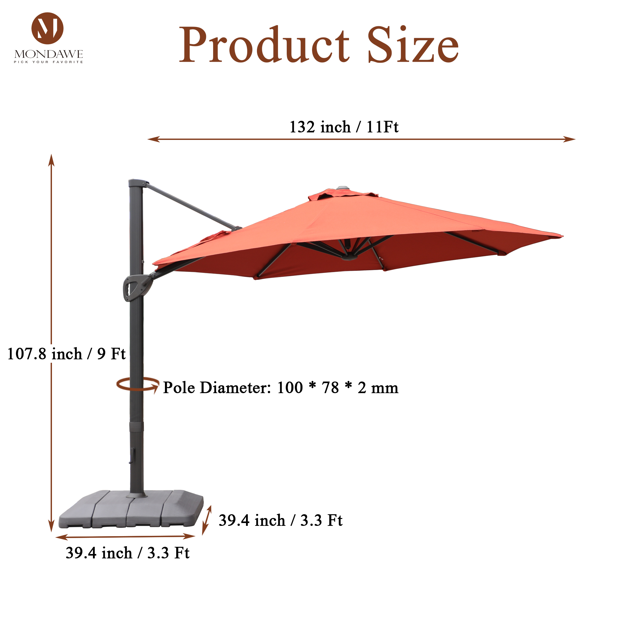Mondawe 11 ft. Aluminum 360° Rotation Cantilever Patio Umbrella with Base for Garden Balcony-Mondawe