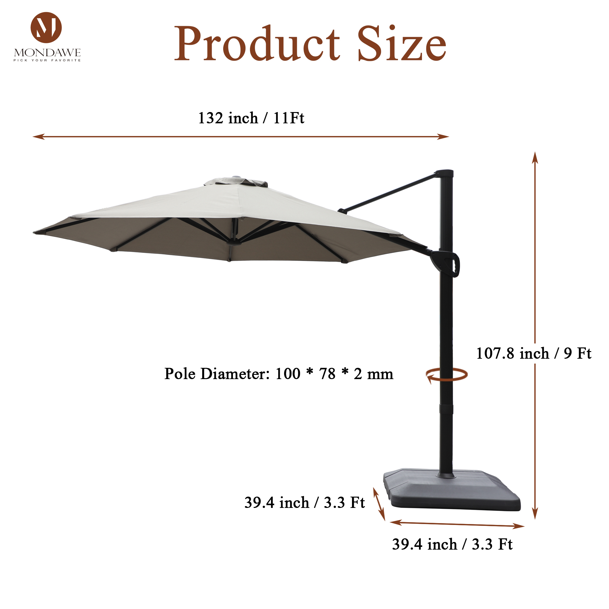 Mondawe 11 ft. Aluminum 360° Rotation Cantilever Patio Umbrella with Base for Garden Balcony-Mondawe
