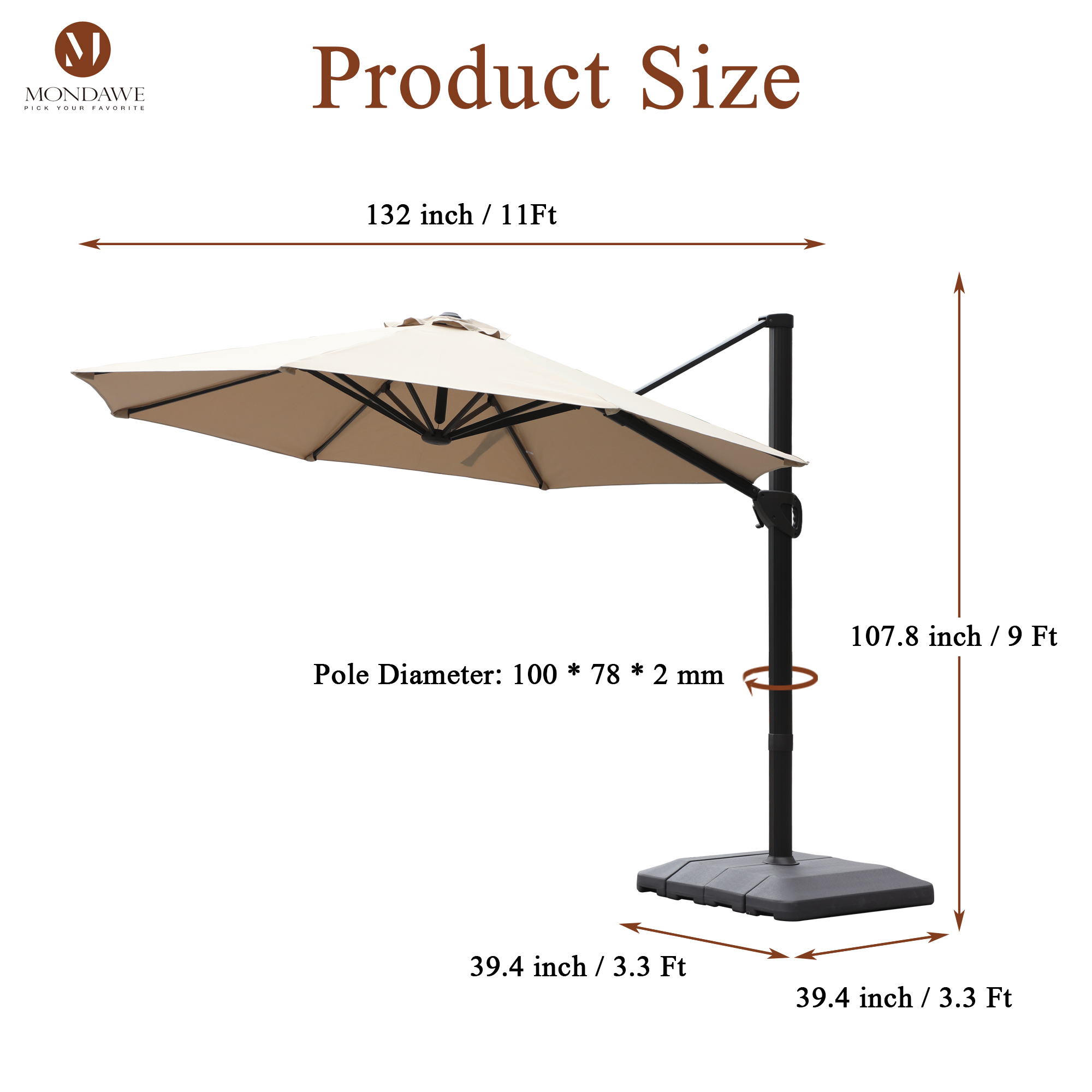 Mondawe 11 ft. Aluminum 360° Rotation Cantilever Patio Umbrella with Base for Garden Balcony-Mondawe
