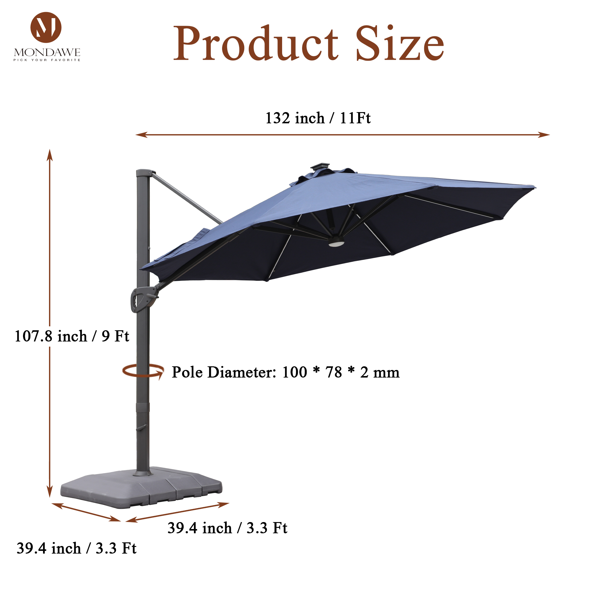Mondawe 11 ft. Aluminum 360° Rotation Cantilever Patio Umbrella with Led Lights and Base for Balcony-Mondawe