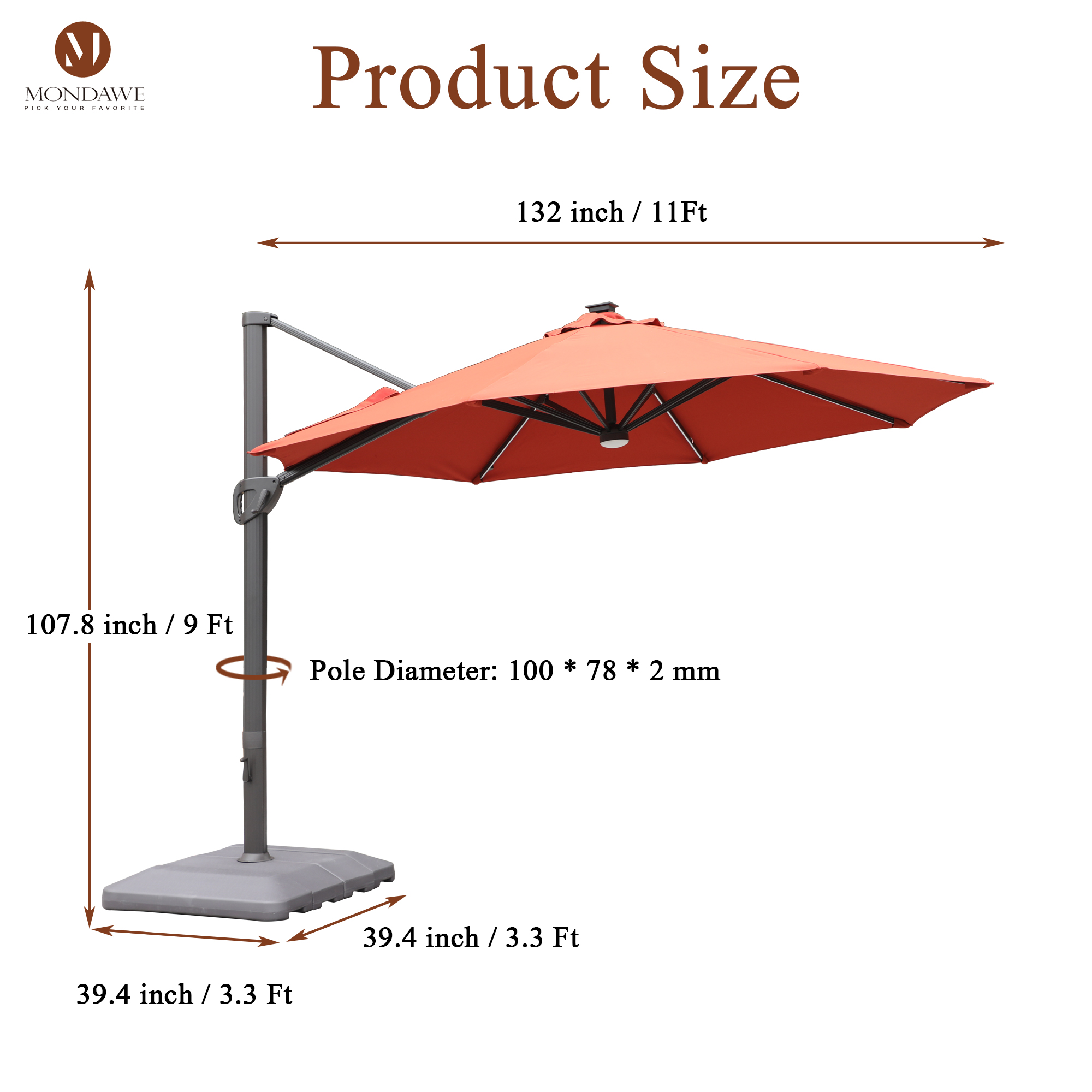 Mondawe 11 ft. Aluminum 360° Rotation Cantilever Patio Umbrella with Led Lights and Base for Balcony-Mondawe
