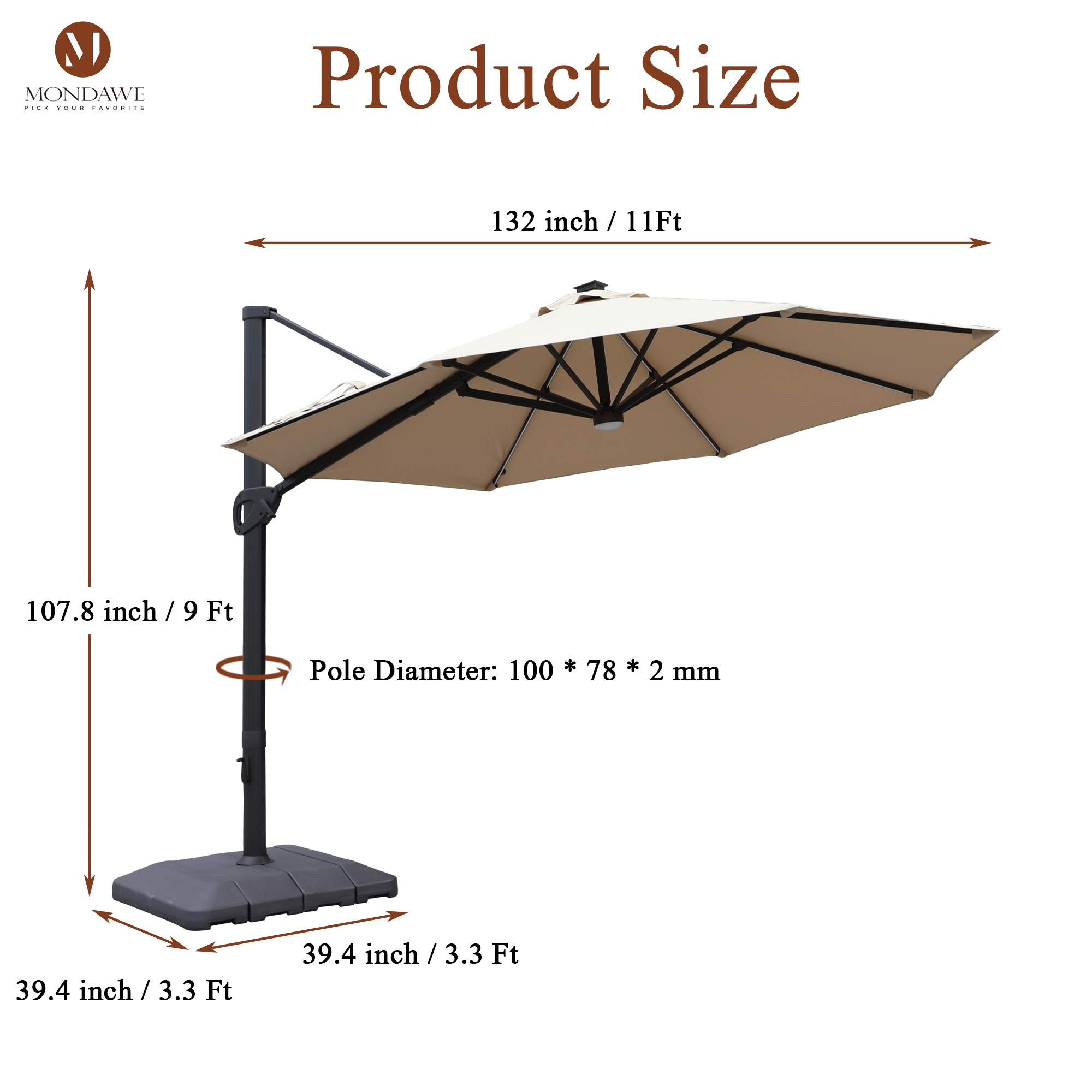 Mondawe 11 ft. Aluminum 360° Rotation Cantilever Patio Umbrella with Led Lights and Base for Balcony-Mondawe