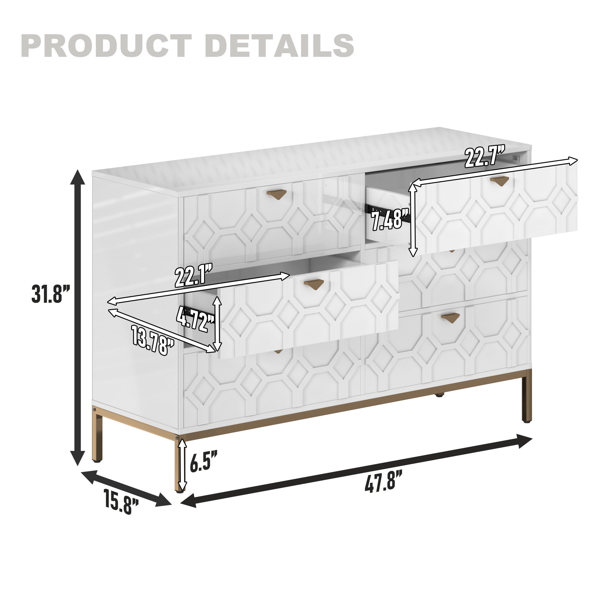 31.77 in. H Freestanding Storage Cabinet White 6 Drawer Accent Cabinet