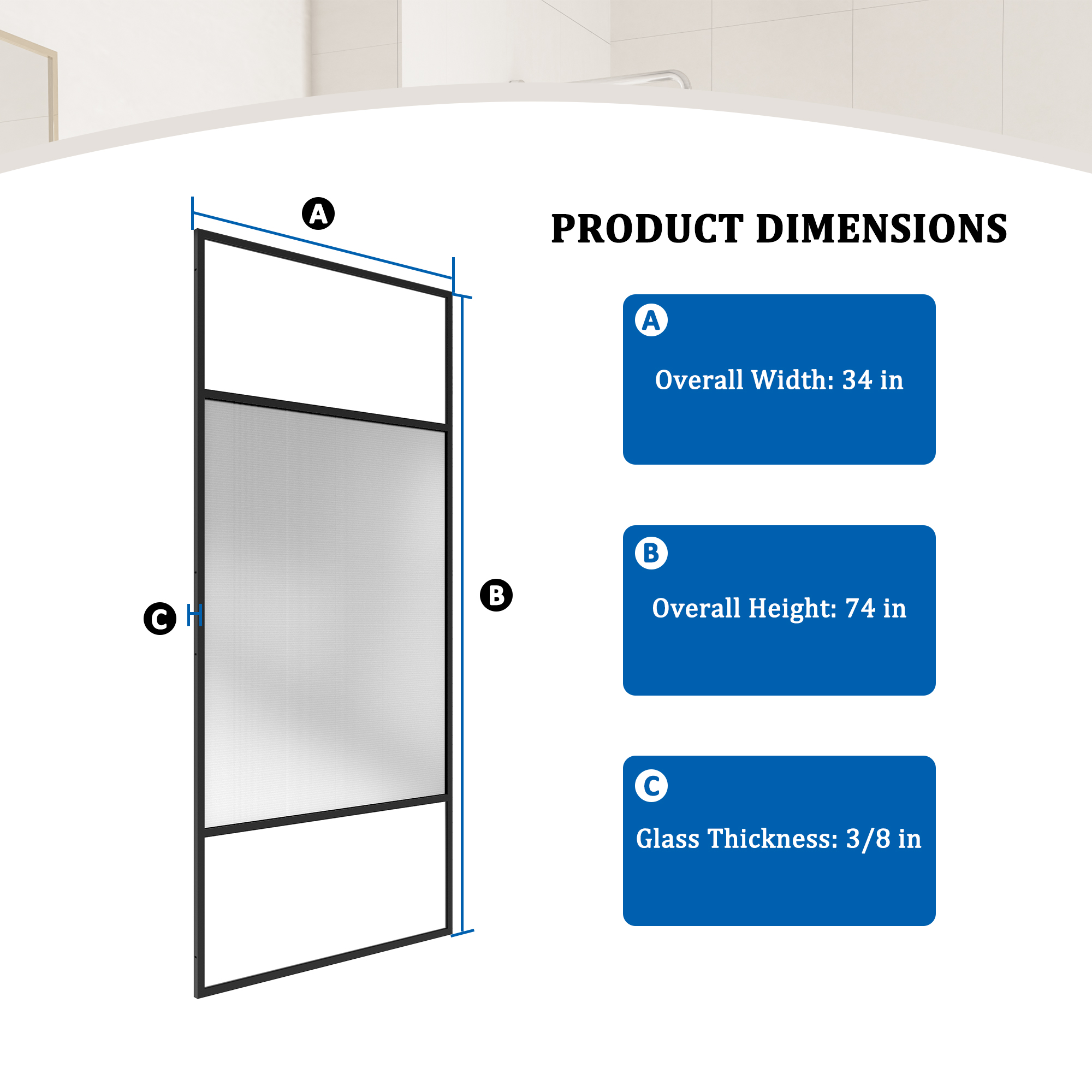34"x74" Glass Shower Spliced Screen Panel with 304 Stainless Steel Hardware