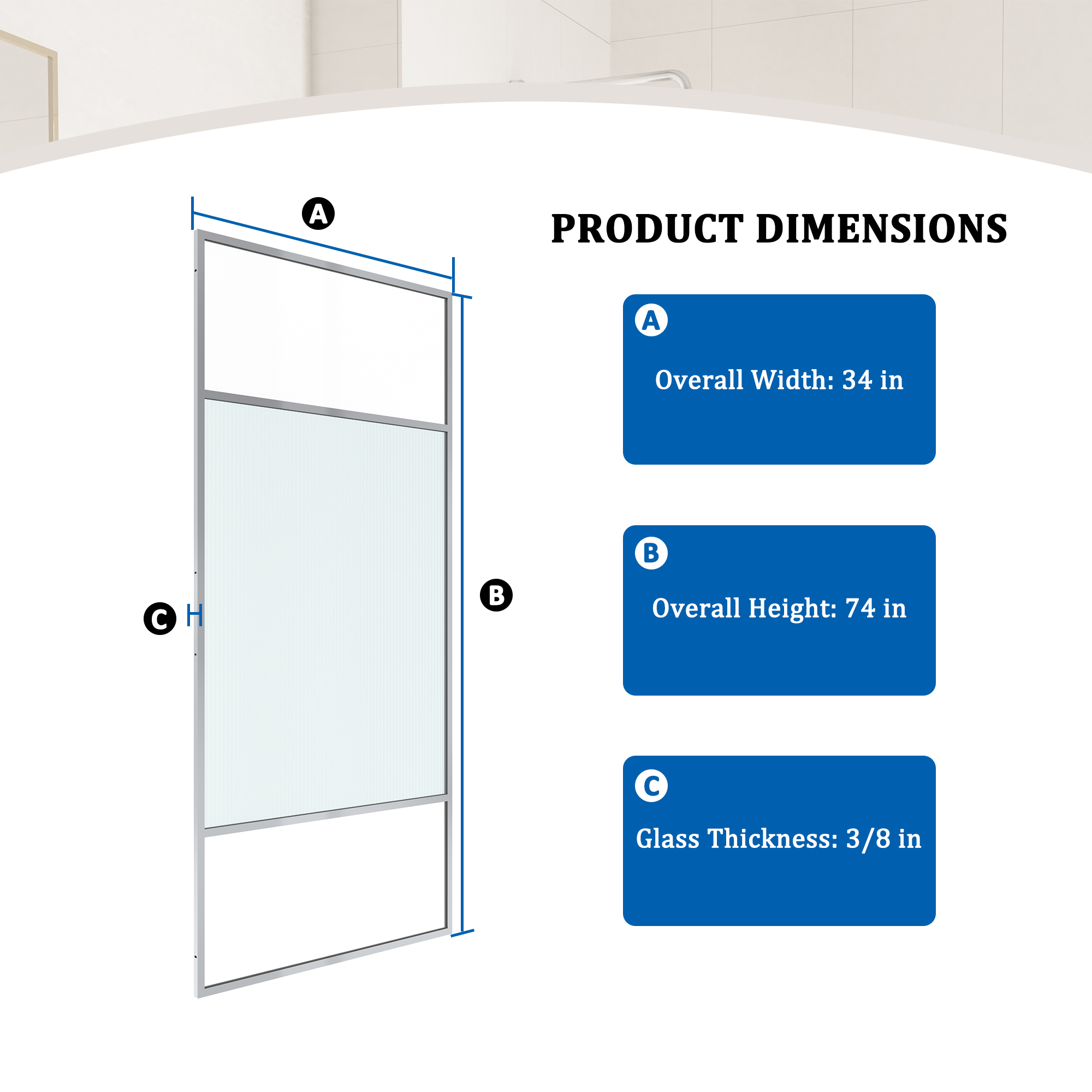 34"x74" Glass Shower Spliced Screen Panel with 304 Stainless Steel Hardware