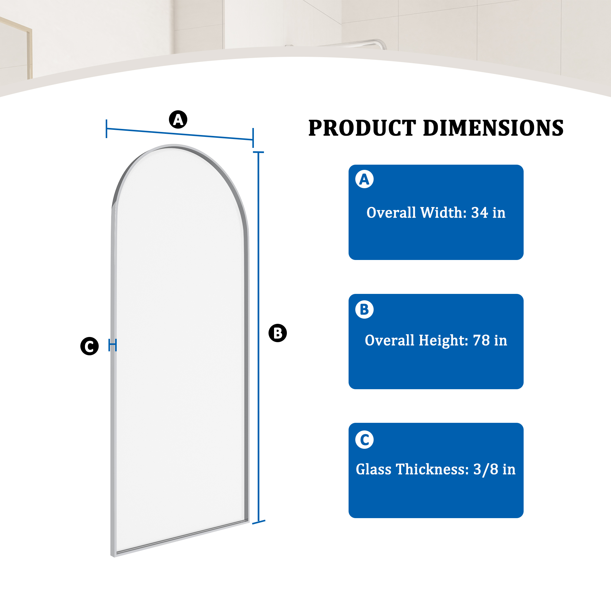 34"x78" Tempered Glass Shower Screen with Integrated Curved Frame