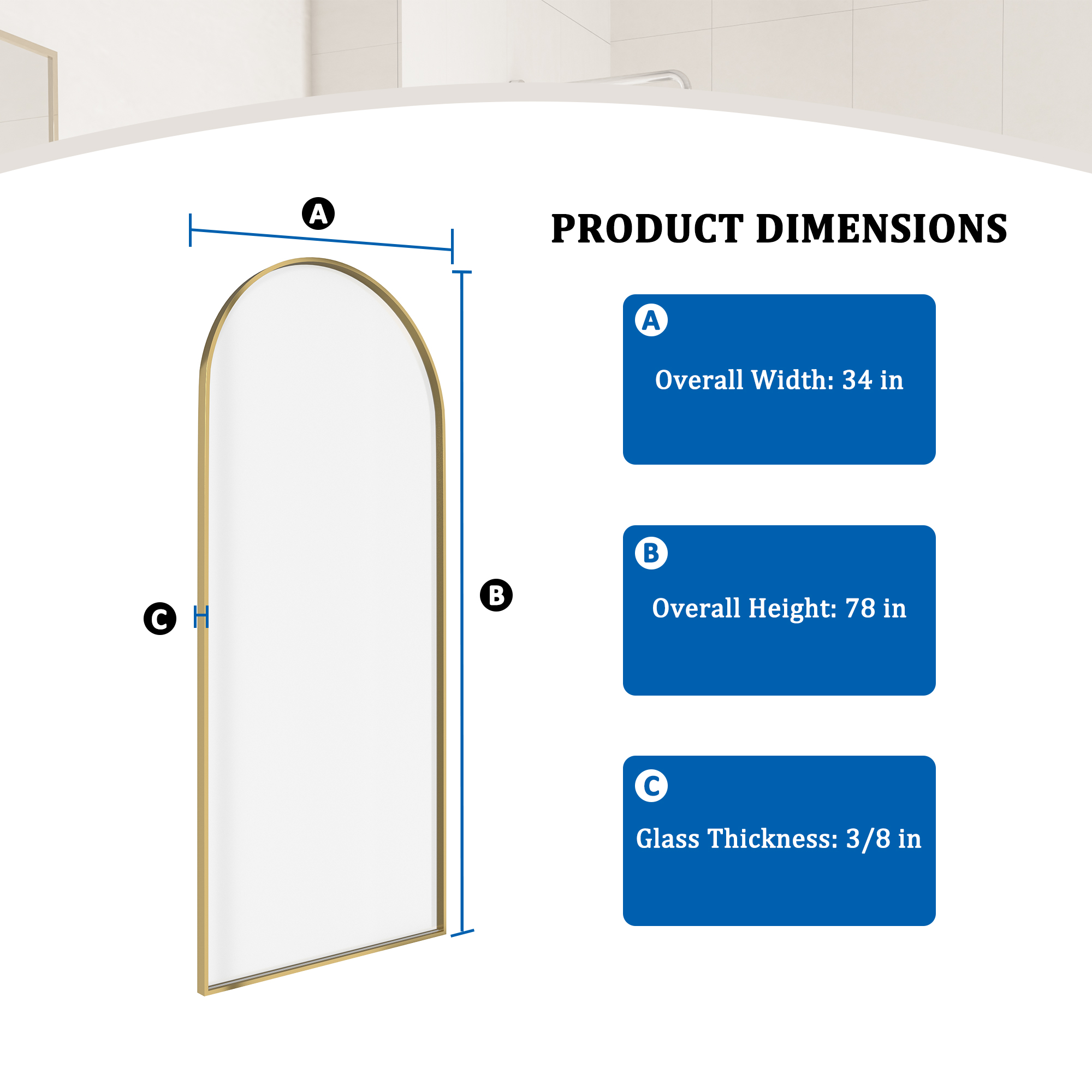 34"x78" Tempered Glass Shower Screen with Integrated Curved Frame
