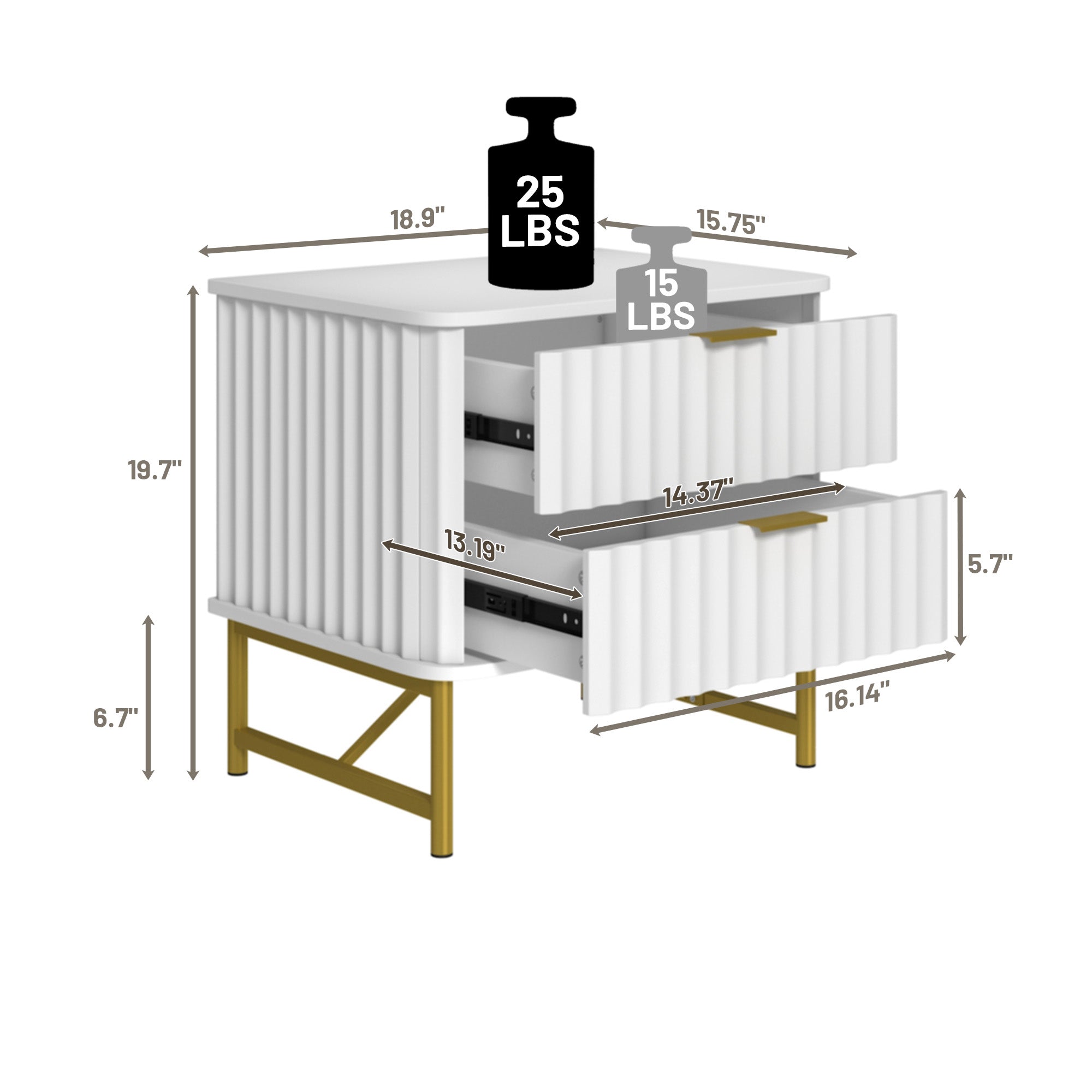 19 Inch Nightstand，Modern End Table with 2 Drawers，2 Tier Side Table with Gold Legs for Bedroom, Living Room, Black