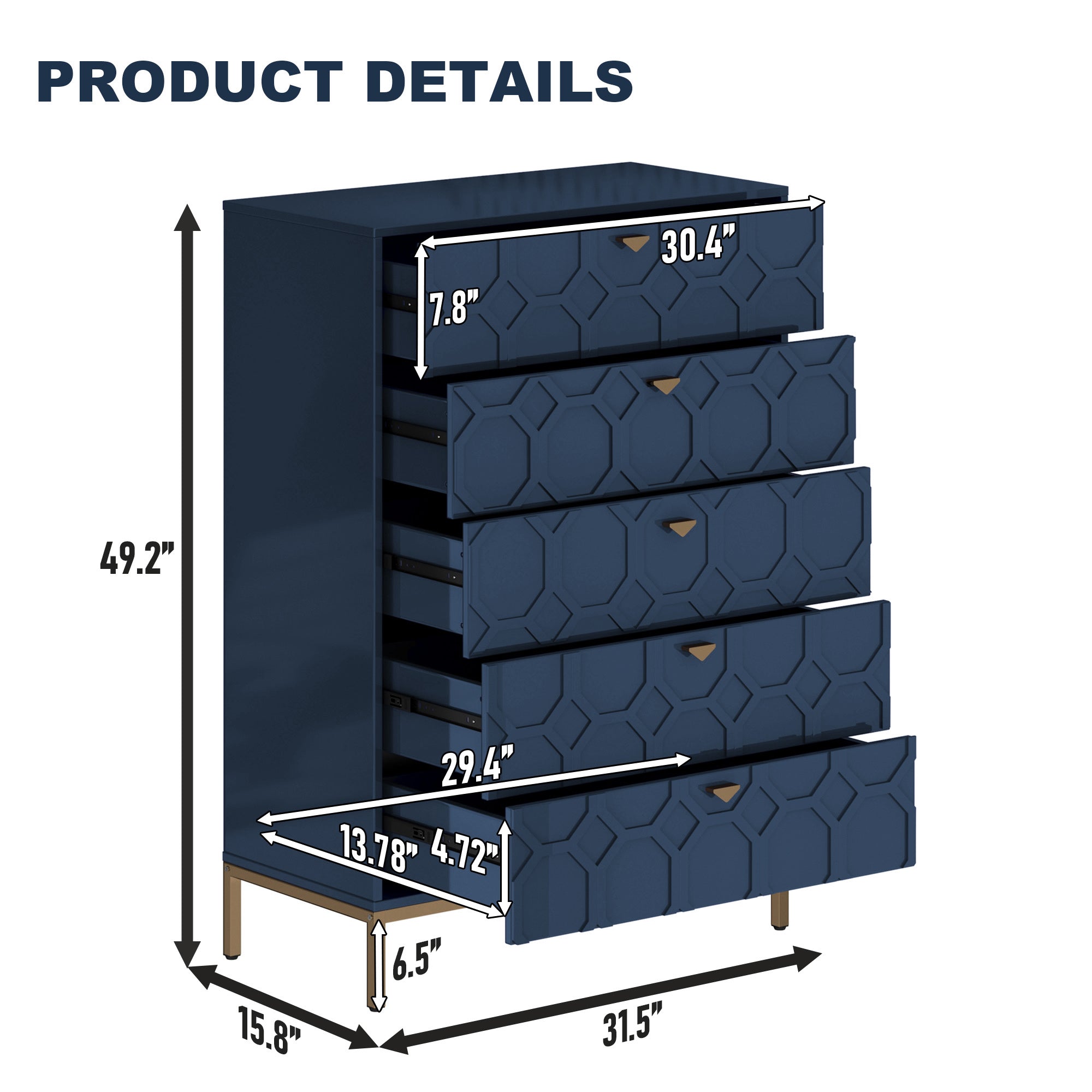 49.2 in. H Freestanding Storage Cabinet White 5 Drawer Accent Cabinet