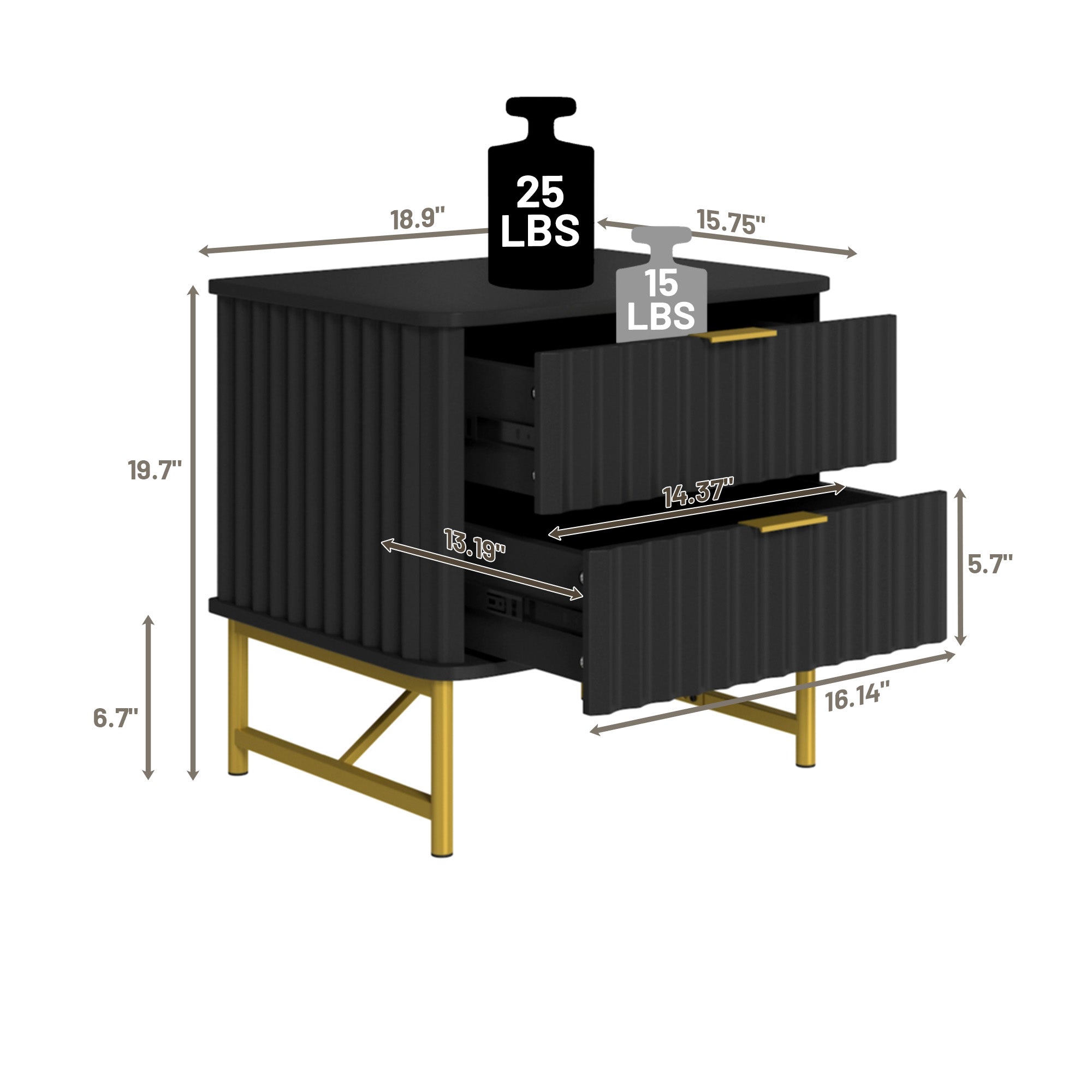 19 Inch Nightstand，Modern End Table with 2 Drawers，2 Tier Side Table with Gold Legs for Bedroom, Living Room, Black