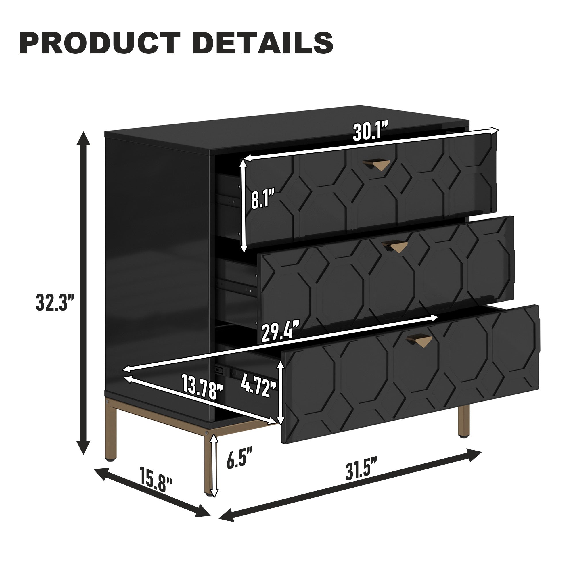 Boyel Living Honeycomb Wooden 3-Drawer Storage Cabinet Table in White