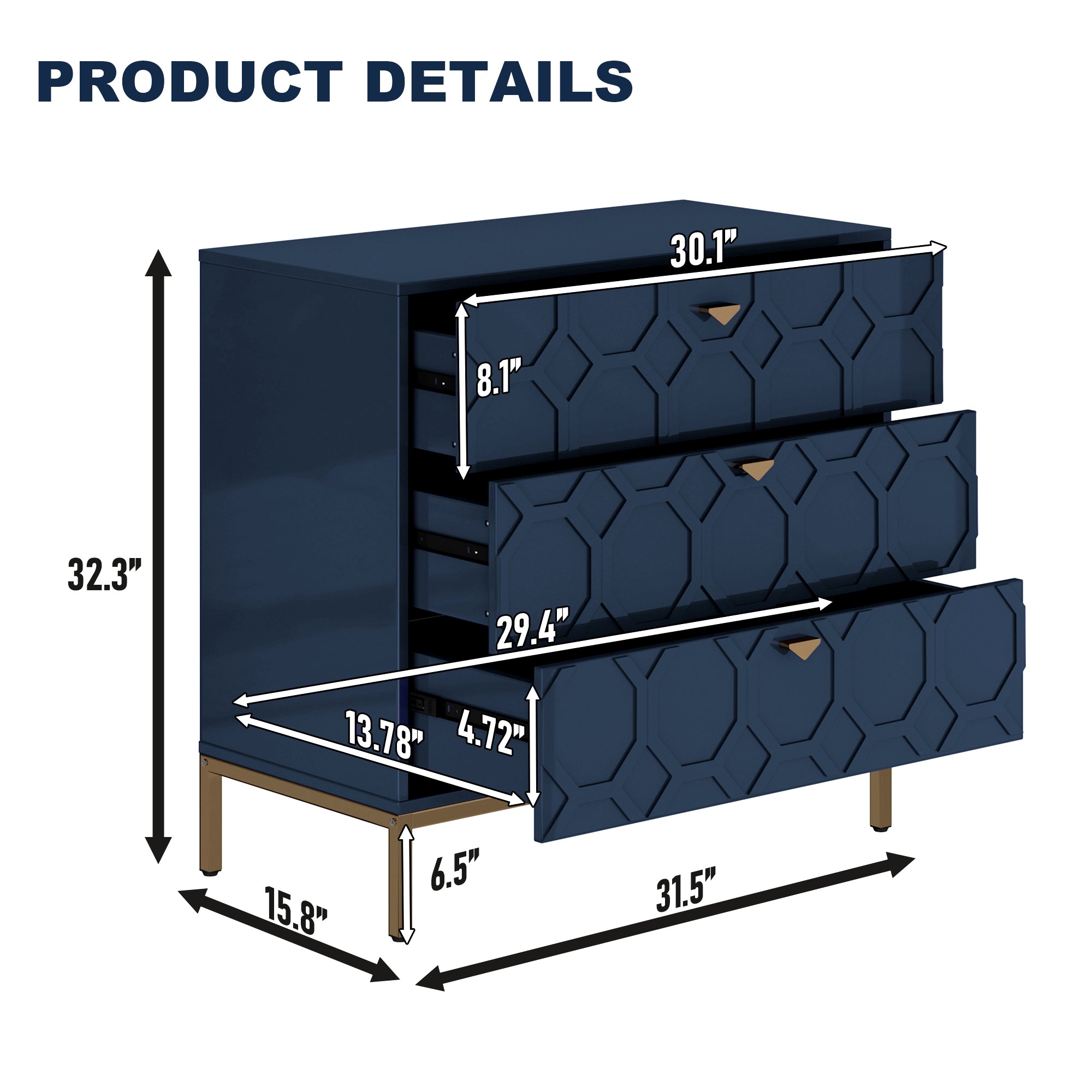 Boyel Living Honeycomb Wooden 3-Drawer Storage Cabinet Table in White