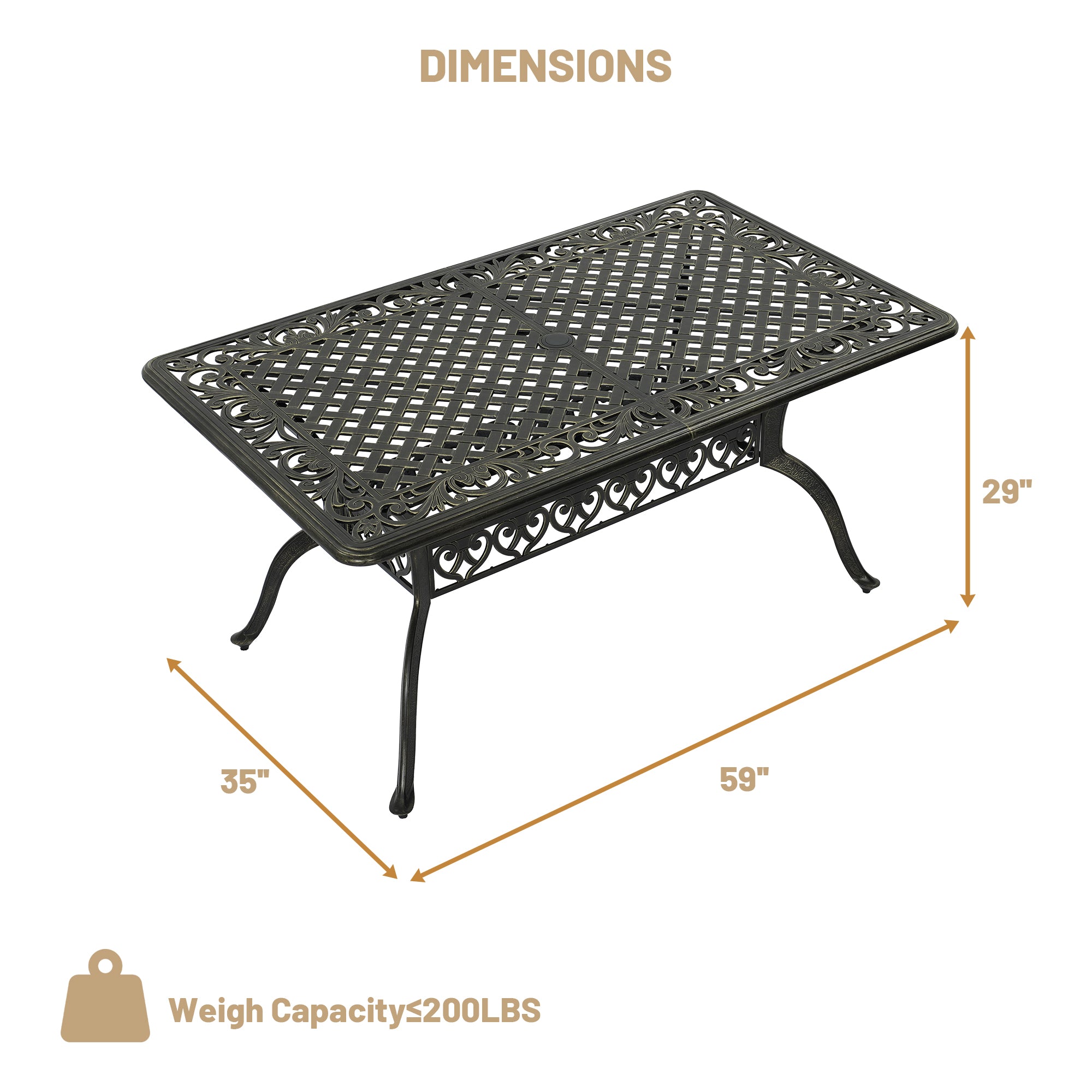 59. in Cast Aluminum Patio Rectangular Dining Table with Umbrella Hole