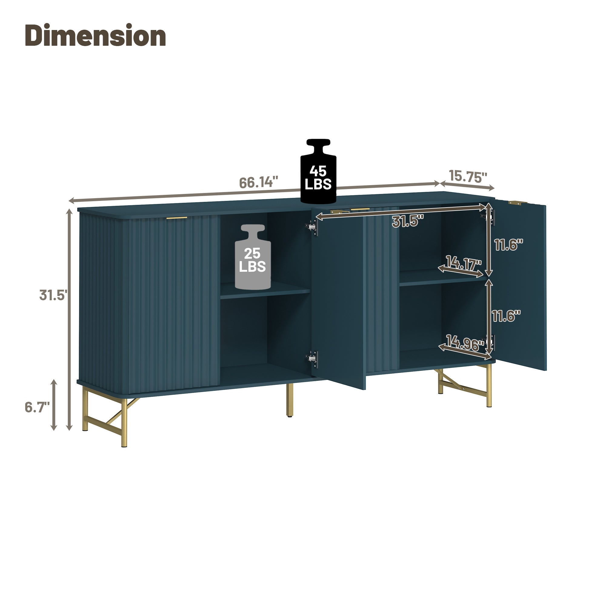 Storage Cabinet with 4 Doors，63 Inch Monden Accent Cabinet，Free-Standing Sideboard with Gold Legs for Hallway, Living Room