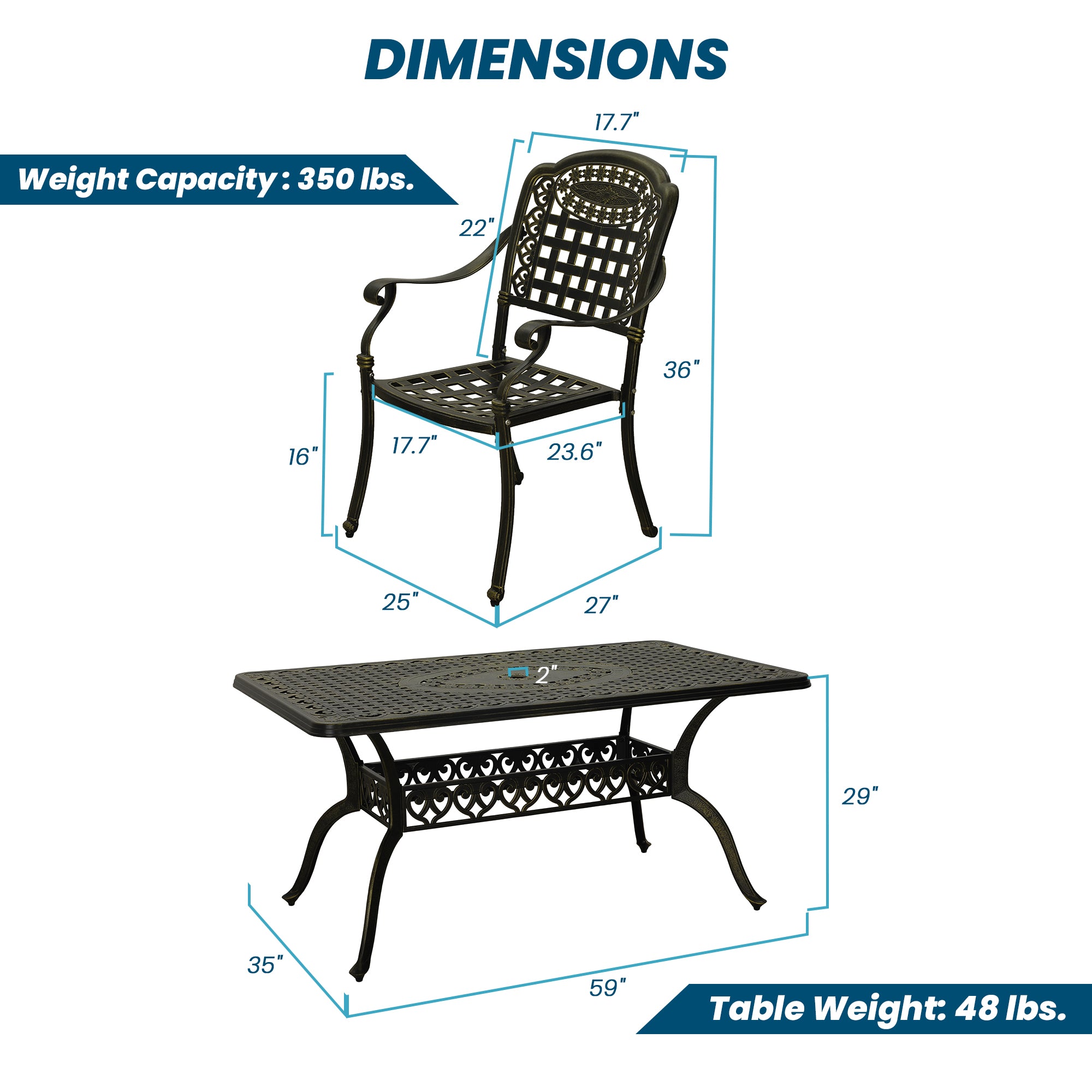 Cast Aluminium Patio-Set 7-Piece Bronze Patio Dining Set Aluminum Rectangle Table with 6 Stationary Chairs