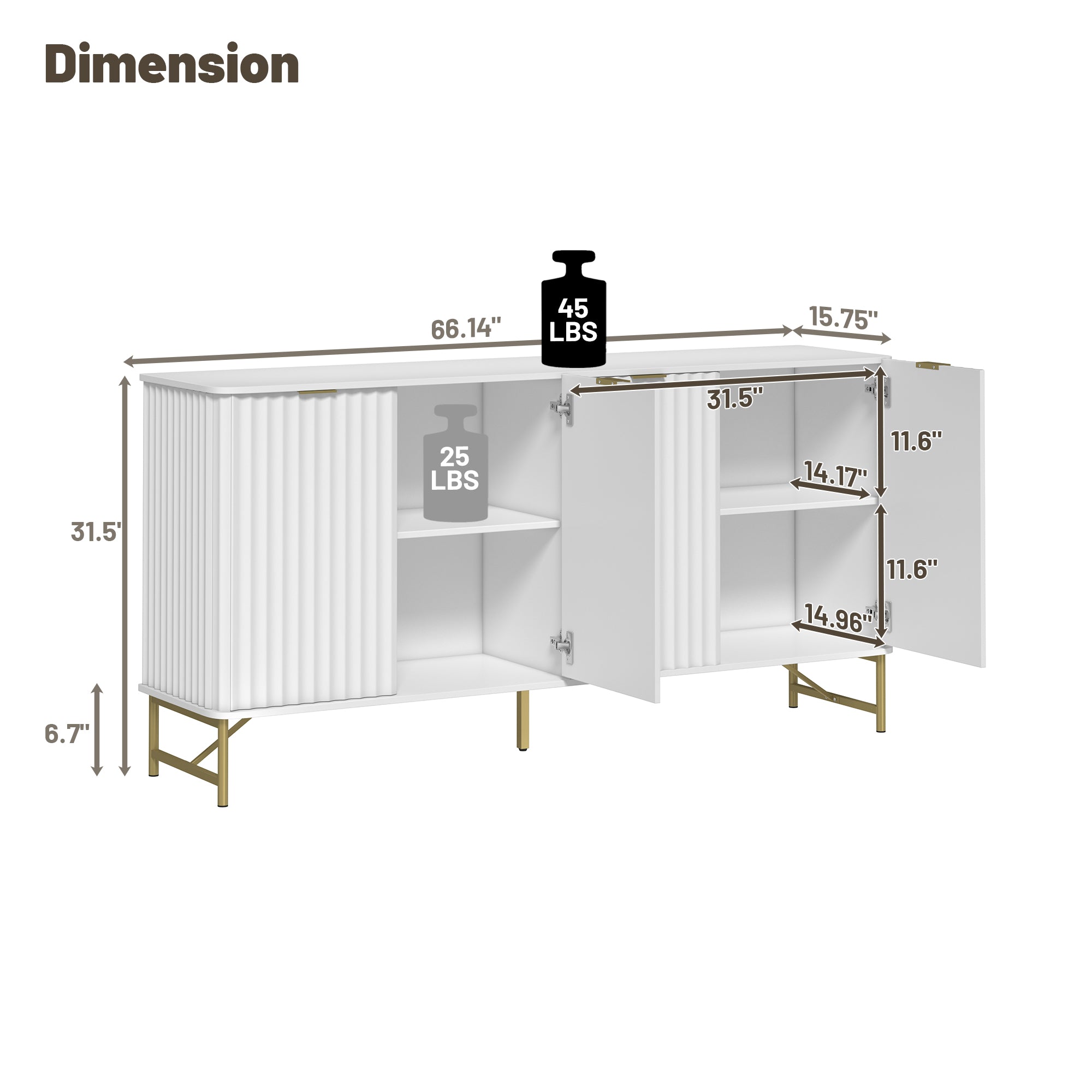 Storage Cabinet with 4 Doors，63 Inch Monden Accent Cabinet，Free-Standing Sideboard with Gold Legs for Hallway, Living Room