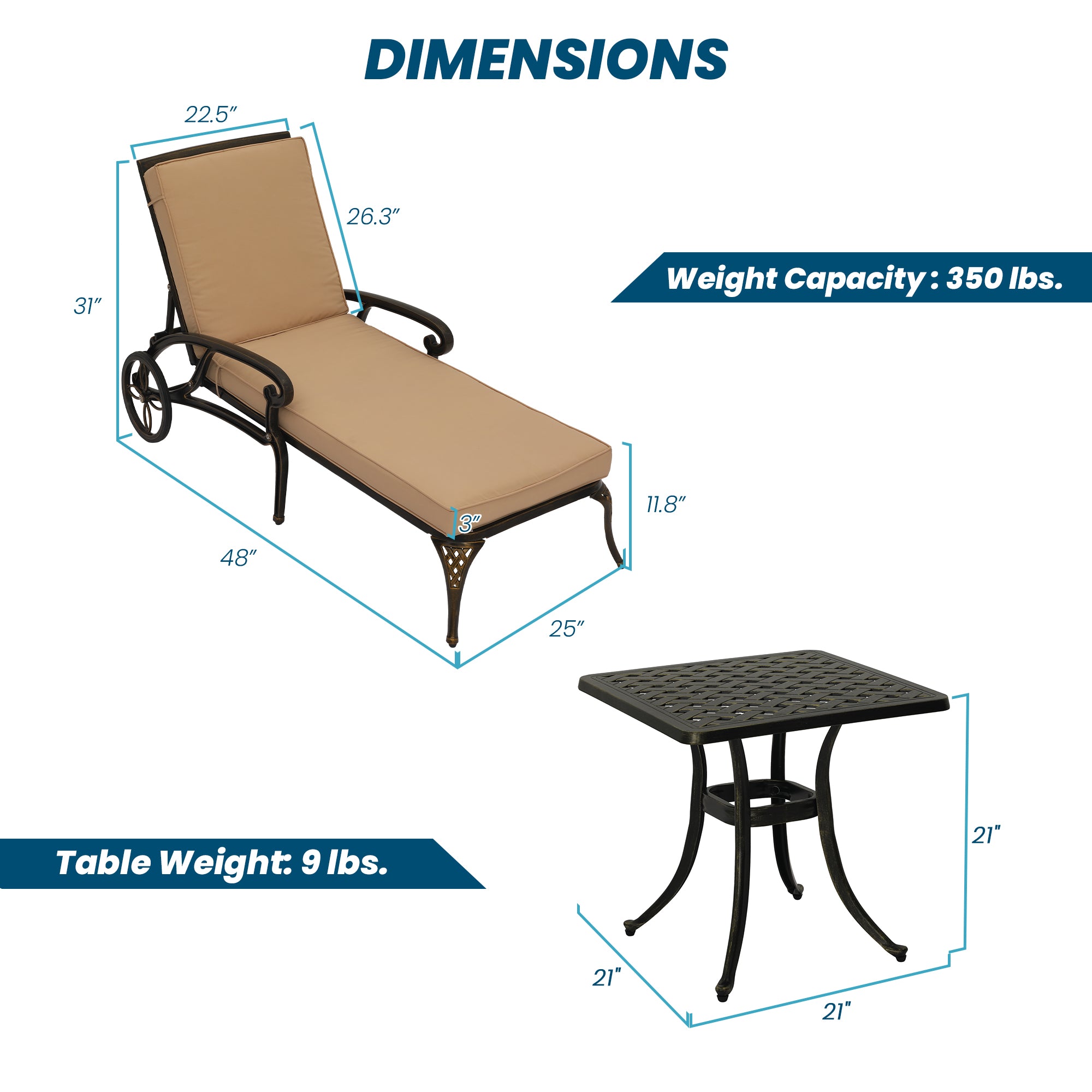 3-Piece Cast Aluminum Outdoor Chaise Lounge with Side Table and Beige/Red Cushion