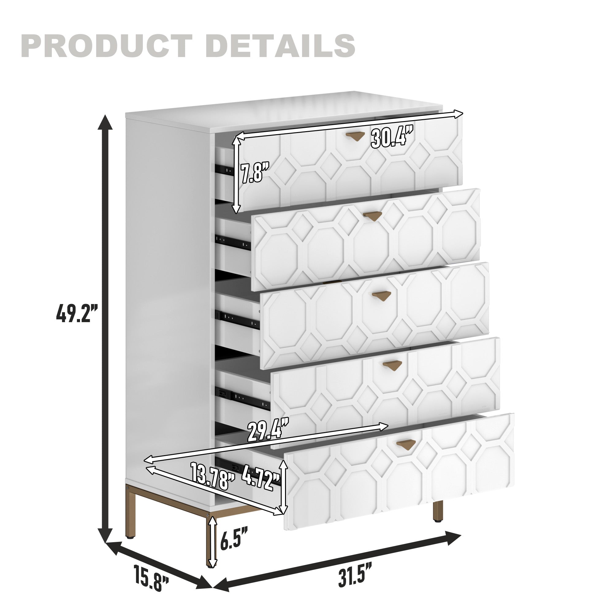 49.2 in. H Freestanding Storage Cabinet White 5 Drawer Accent Cabinet