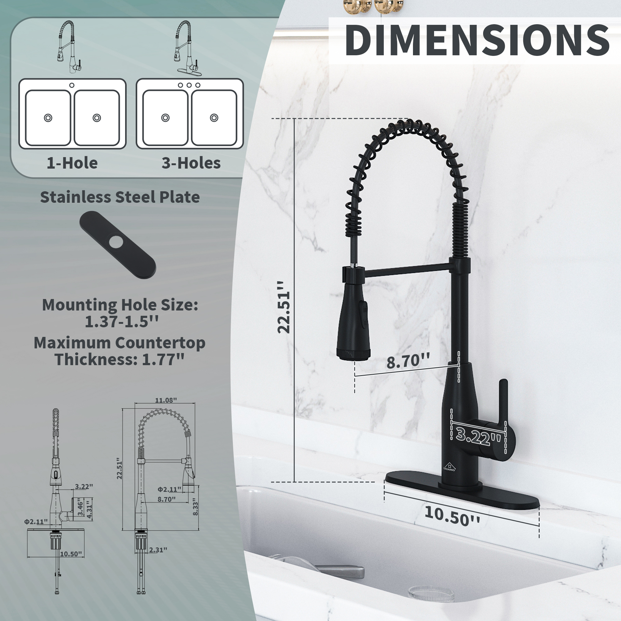 Single Handle Pull Down Sprayer Kitchen Faucet with LED Lights Temperature Display in Matte Black