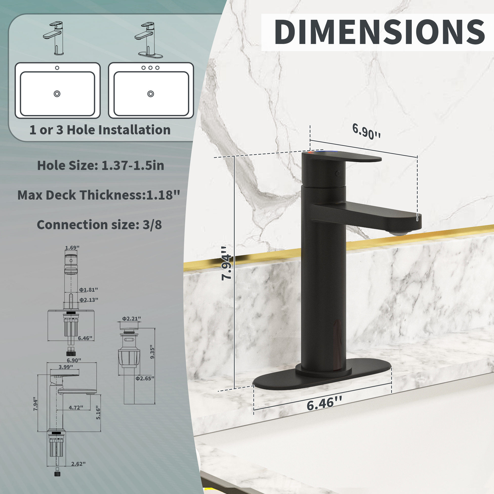 Automatic Sensor Touchless Bathroom Sink Faucet with Pop-up Drain in Matte Black