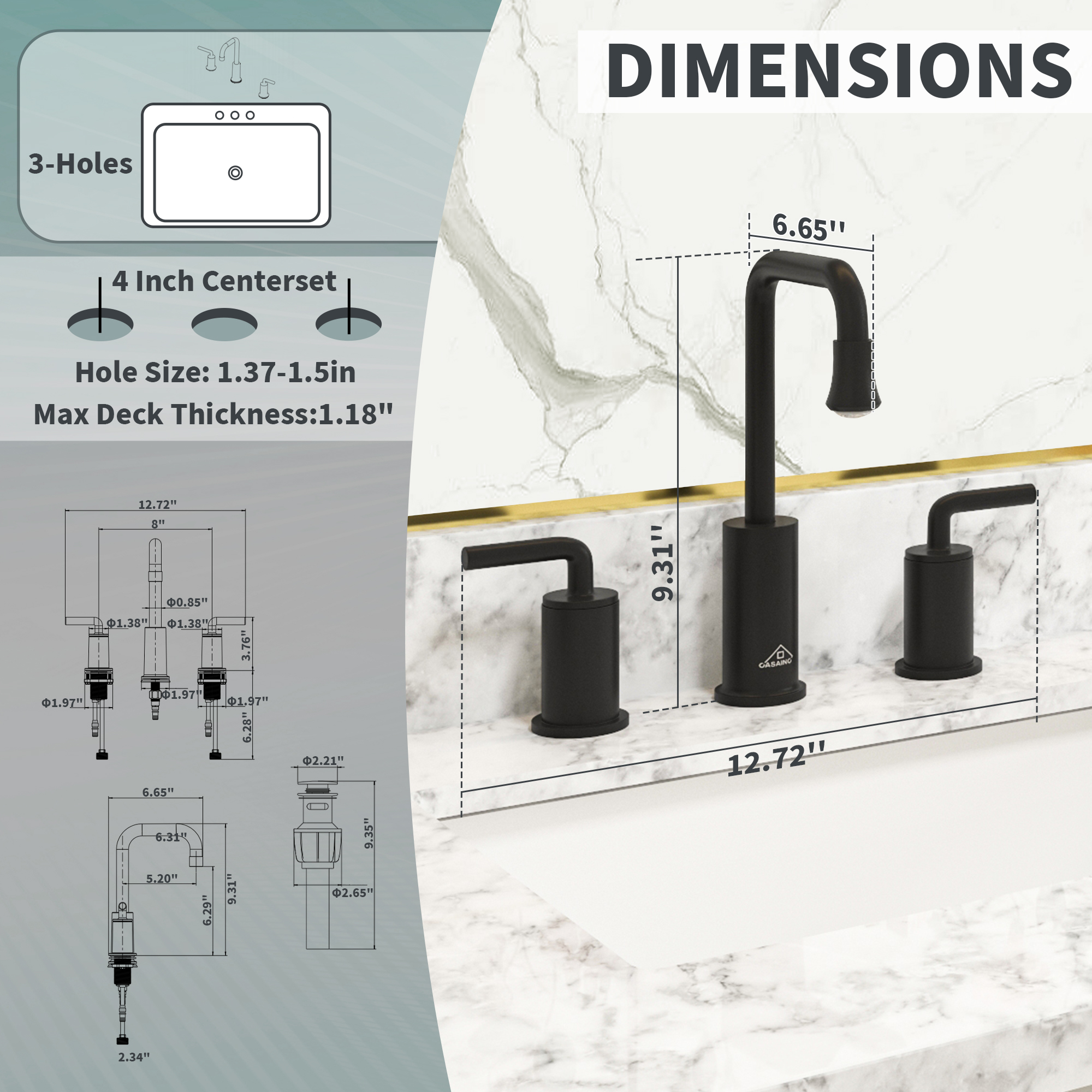 8 in. Widespread Double Handle Bathroom Faucet with LED Light Temperature Display in Matte Black