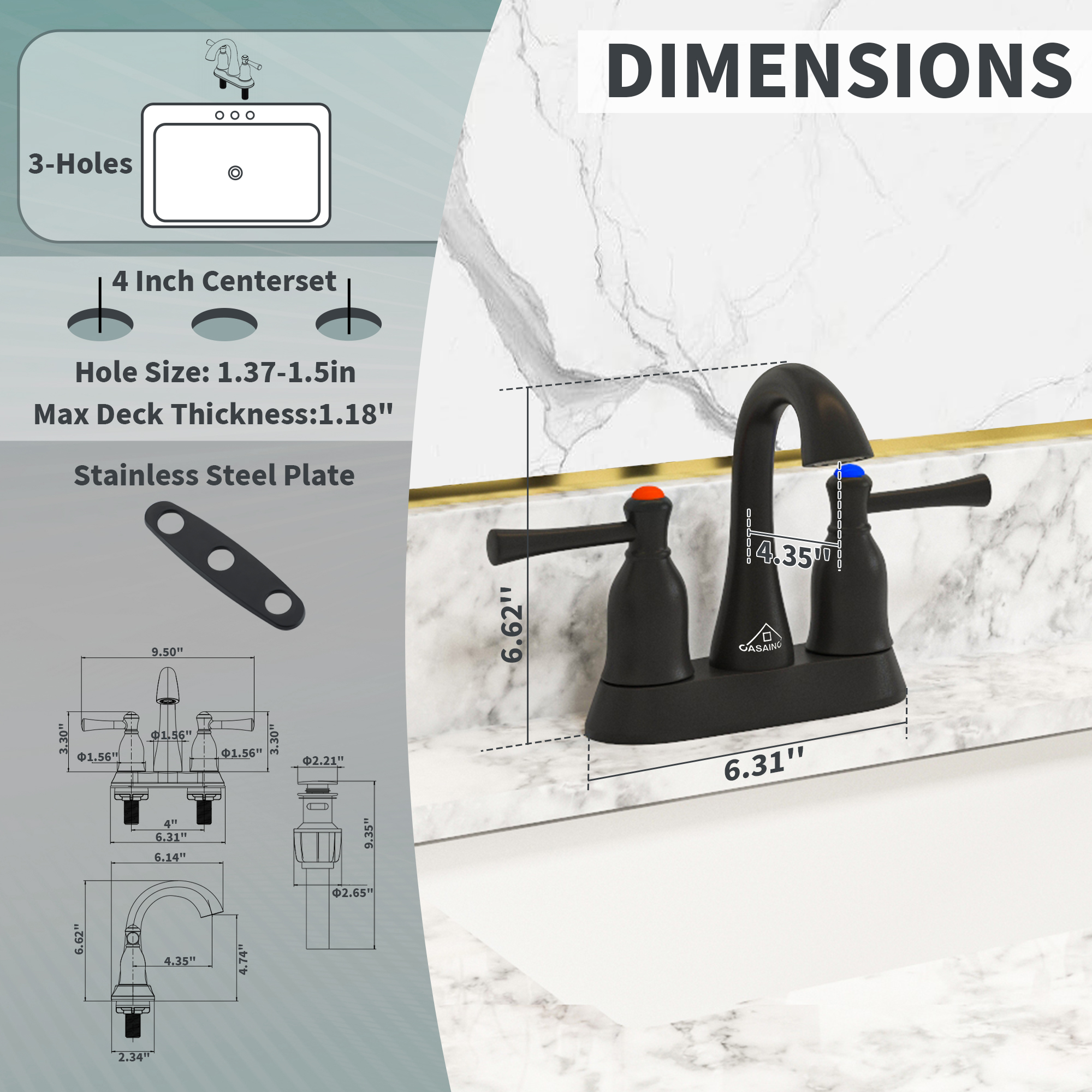 4 in. Center Set Double Handle 3 holes Bathroom Sink Faucet with Pop-up Drain in Matte Black