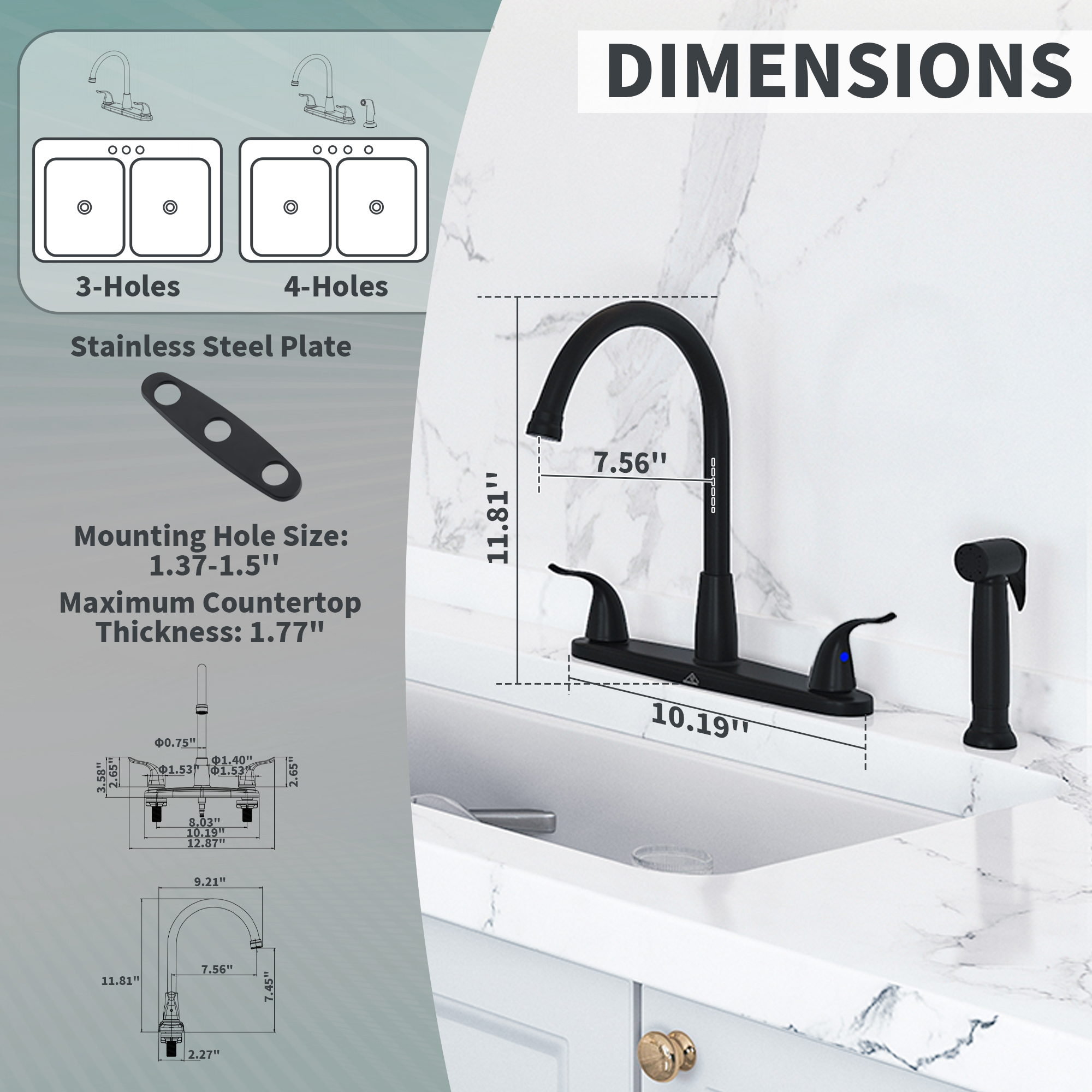 Double Handle Standard Kitchen Faucet with Side Sprayer in Matte Black