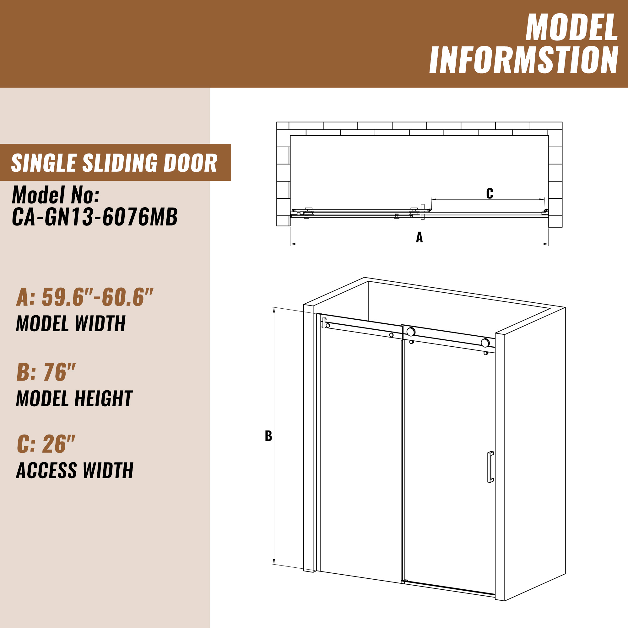 60"x 76" Framed Stainless Steel Shower Door with 3/8" Tempered Glass