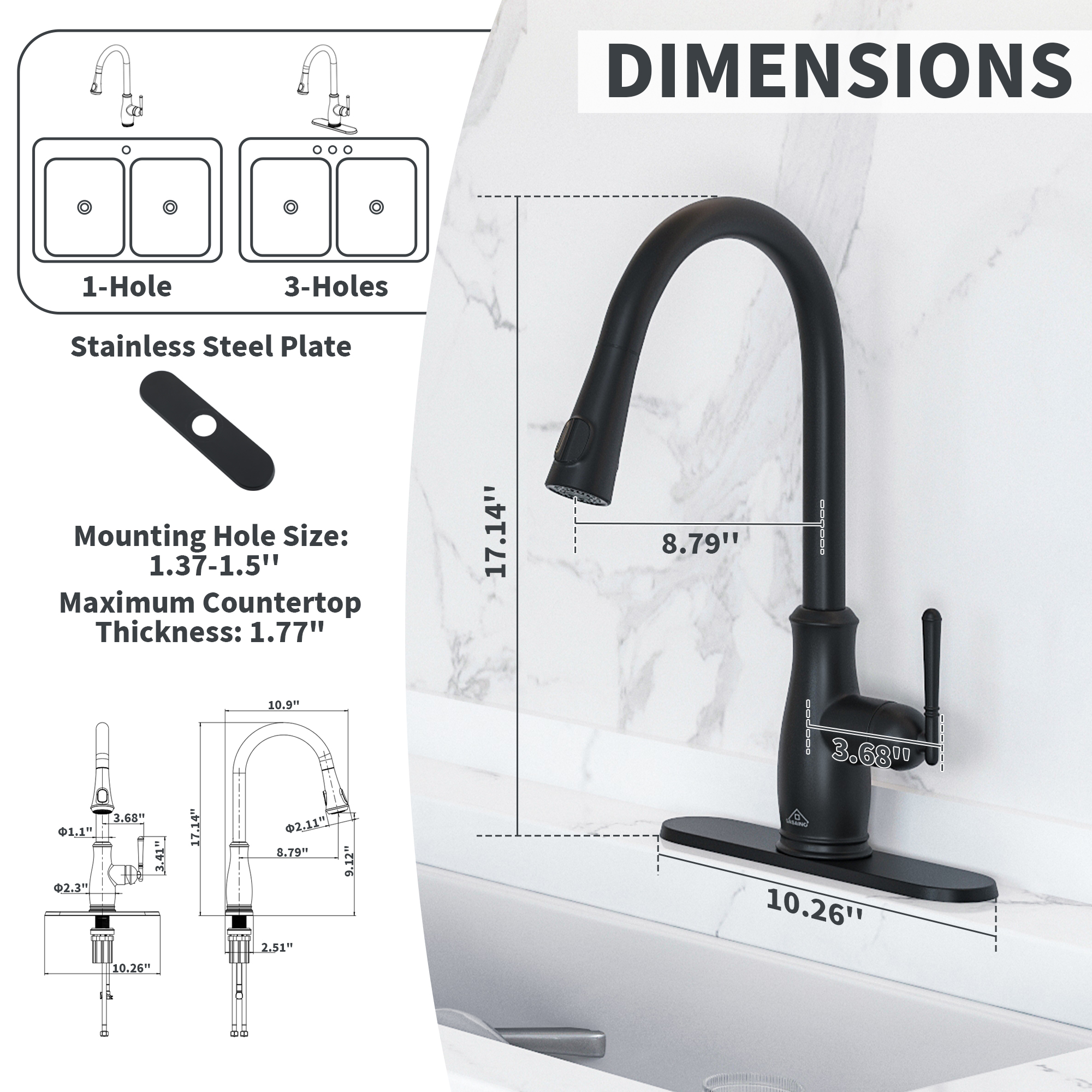 Single Handle Pull Down Sprayer Kitchen Faucet with Intelligent Temperature Display in Matte Black