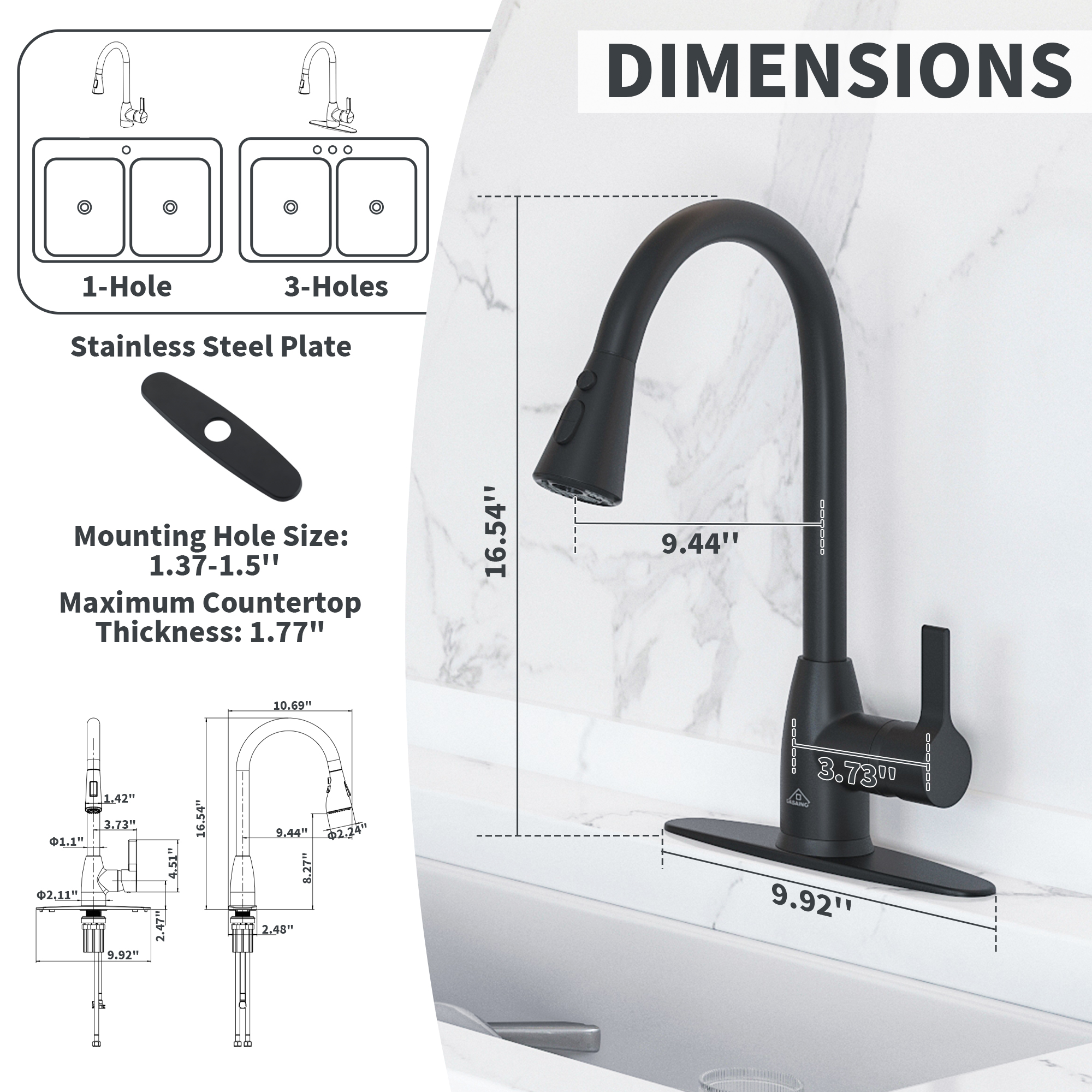 Single Handle Pull Down Sprayer Kitchen Faucet with Three Functions Spray Head in Matte Black