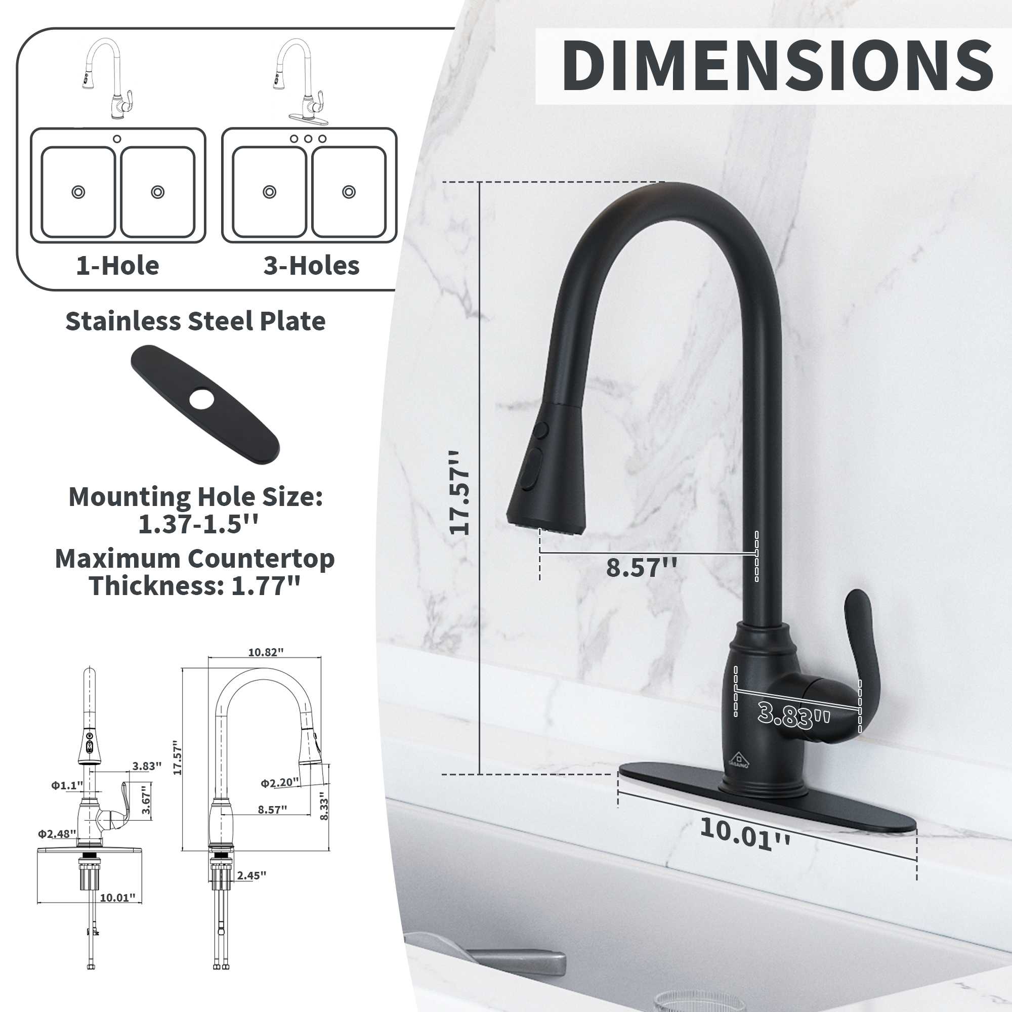 Single Handle Pull Down Sprayer Kitchen Faucet with Three Functions Spray Head in Matte Black