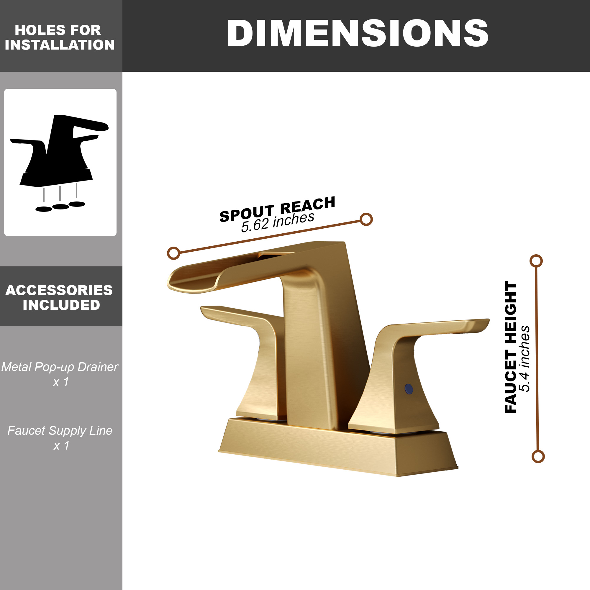 4 in. Centerset 2-Handle Waterfall Spout Mid Arc Lavatory Bathroom Faucet with Pop-Up Drain Kit in Brushed Gold/Matte Black