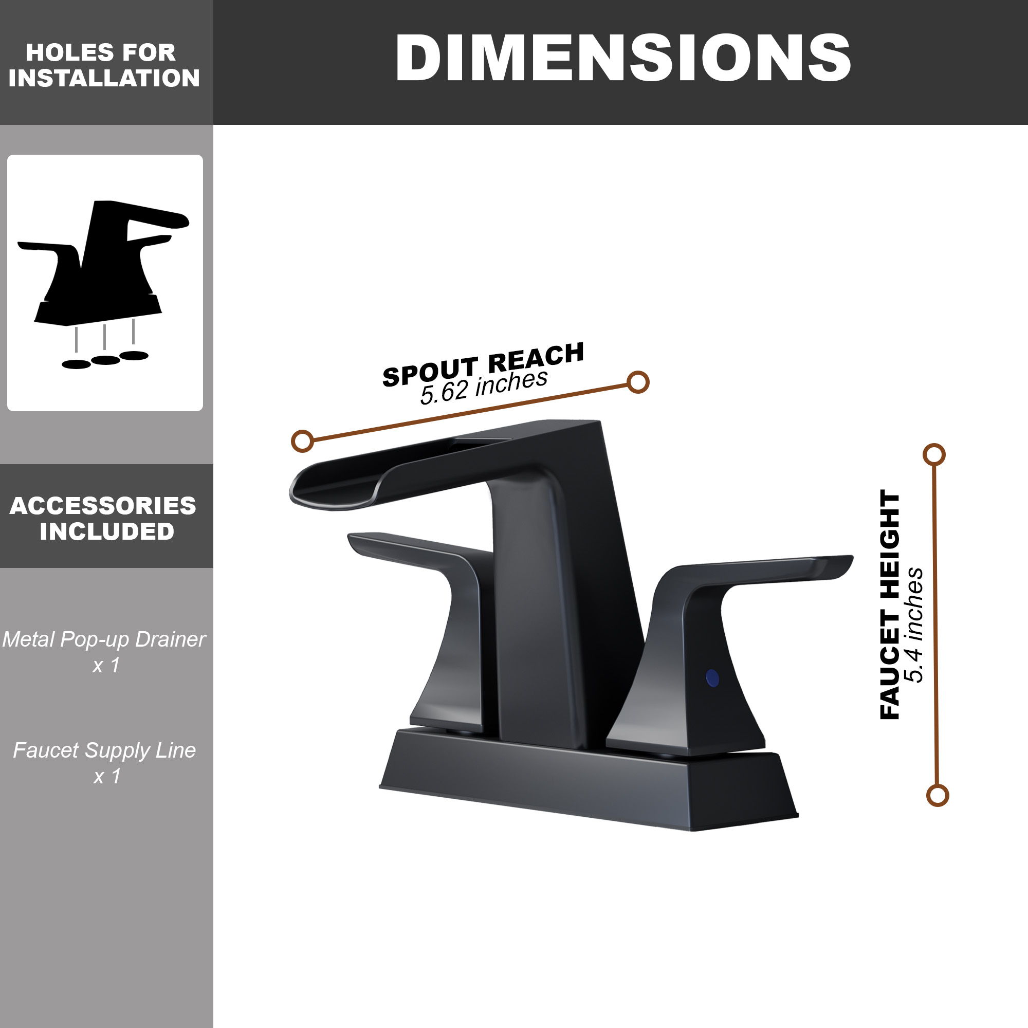 4 in. Centerset 2-Handle Waterfall Spout Mid Arc Lavatory Bathroom Faucet with Pop-Up Drain Kit in Brushed Gold/Matte Black