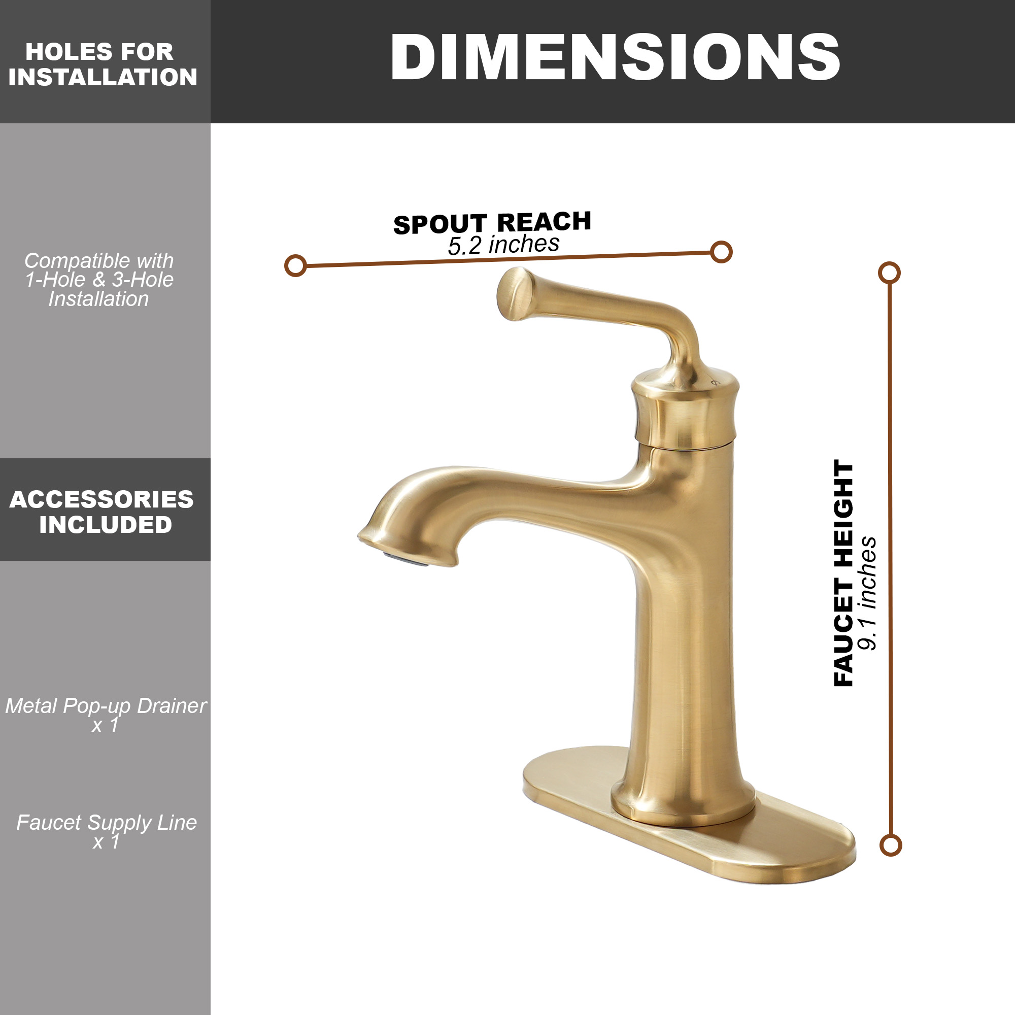 Single Handle Vessel Sink Faucet Single Hole Bathroom Faucet with Waterfall and Deck Plate in Brushed Gold